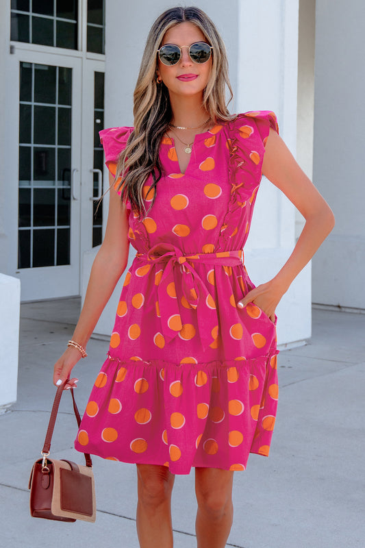 Rose Polka Dot Ruffle V-Neck Mini Dress
