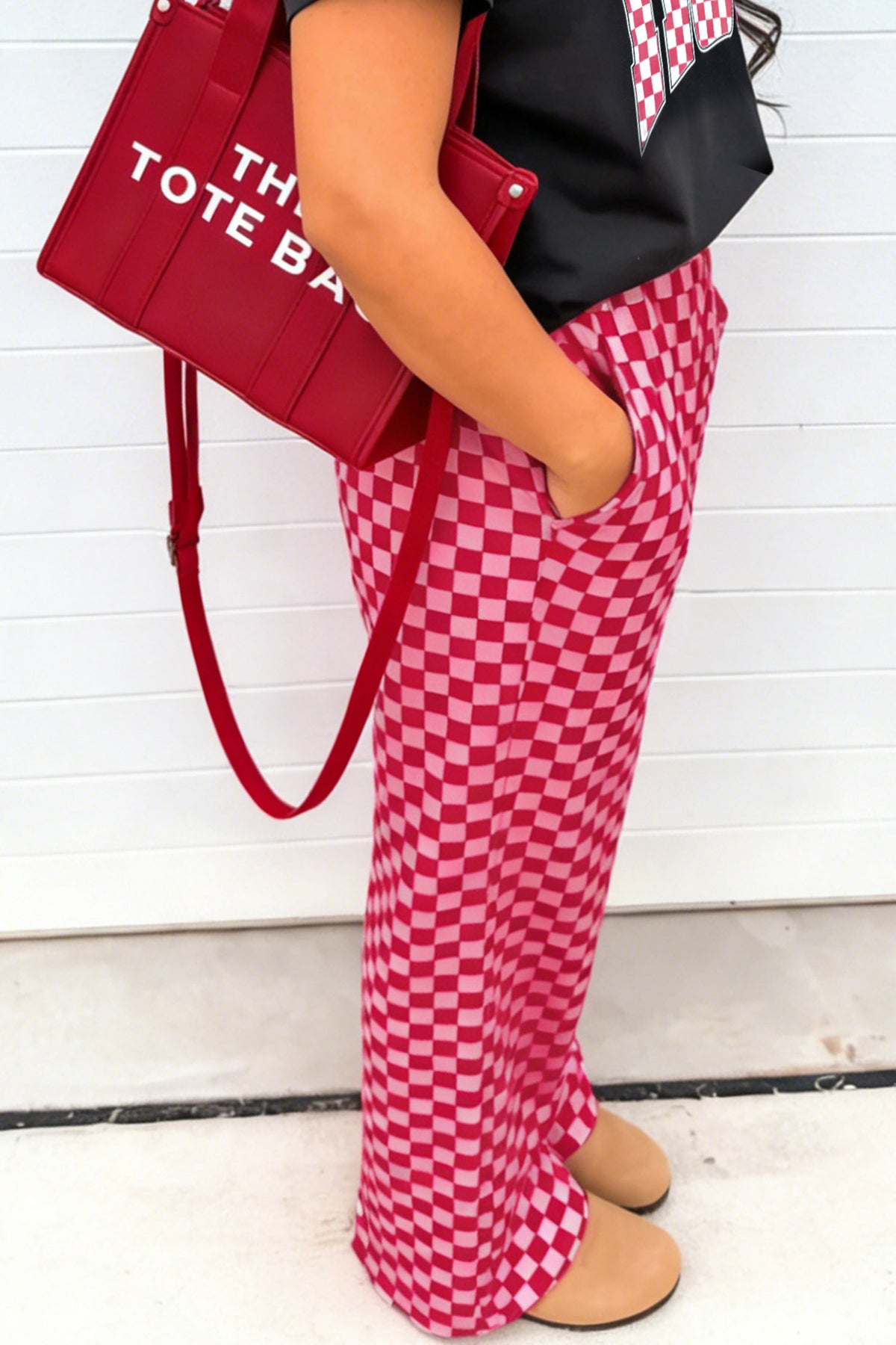 Rose Plaid Checkered Full-Length Casual Pants with Side Pockets