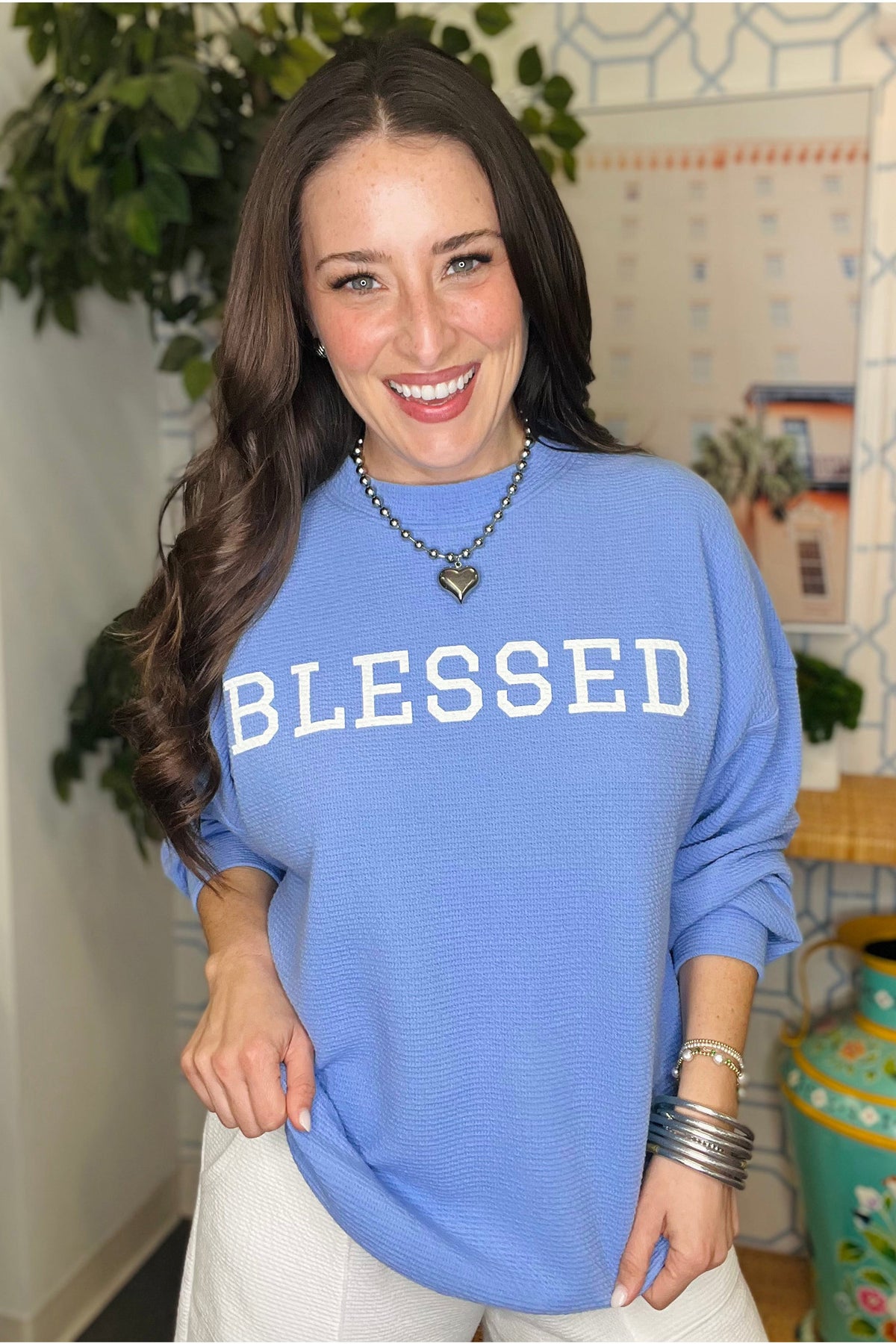 Beau Blue Faith Slogan Waffle Knit Crewneck Top