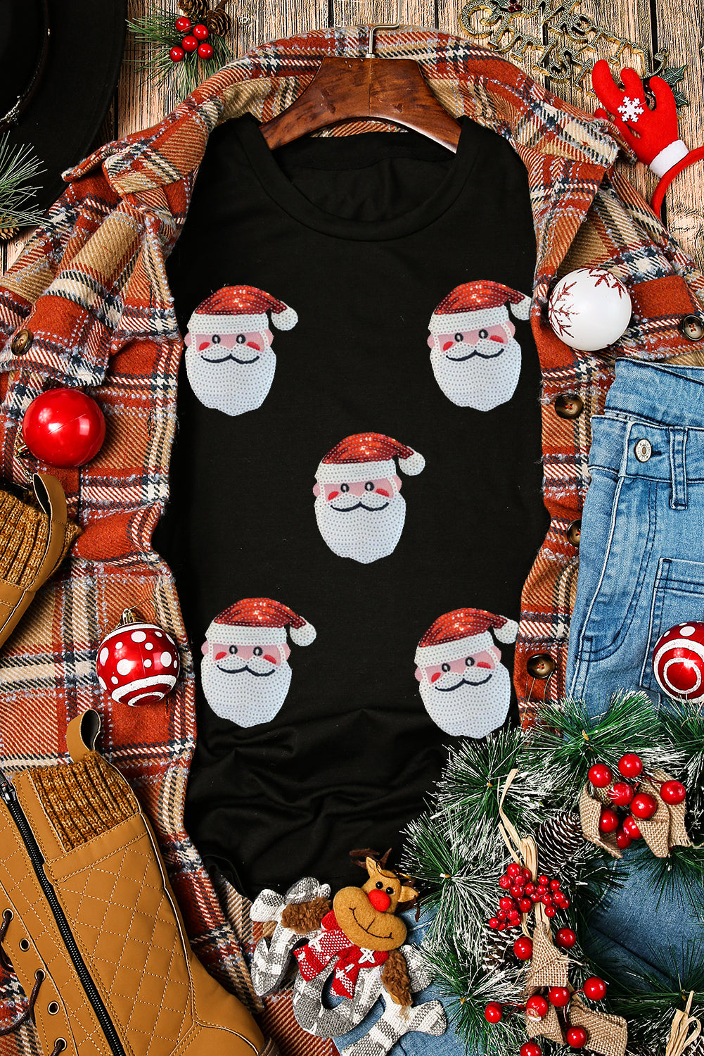 Black Faux Sequin Christmas Claus Pattern Crewneck T-Shirt