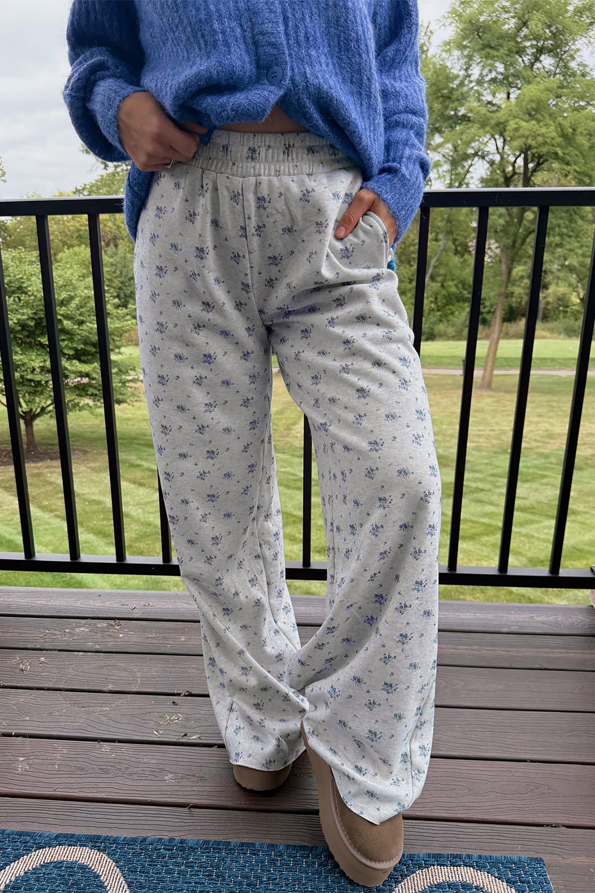 Gray Floral Print Elastic Waist Full-Length Regular Pants