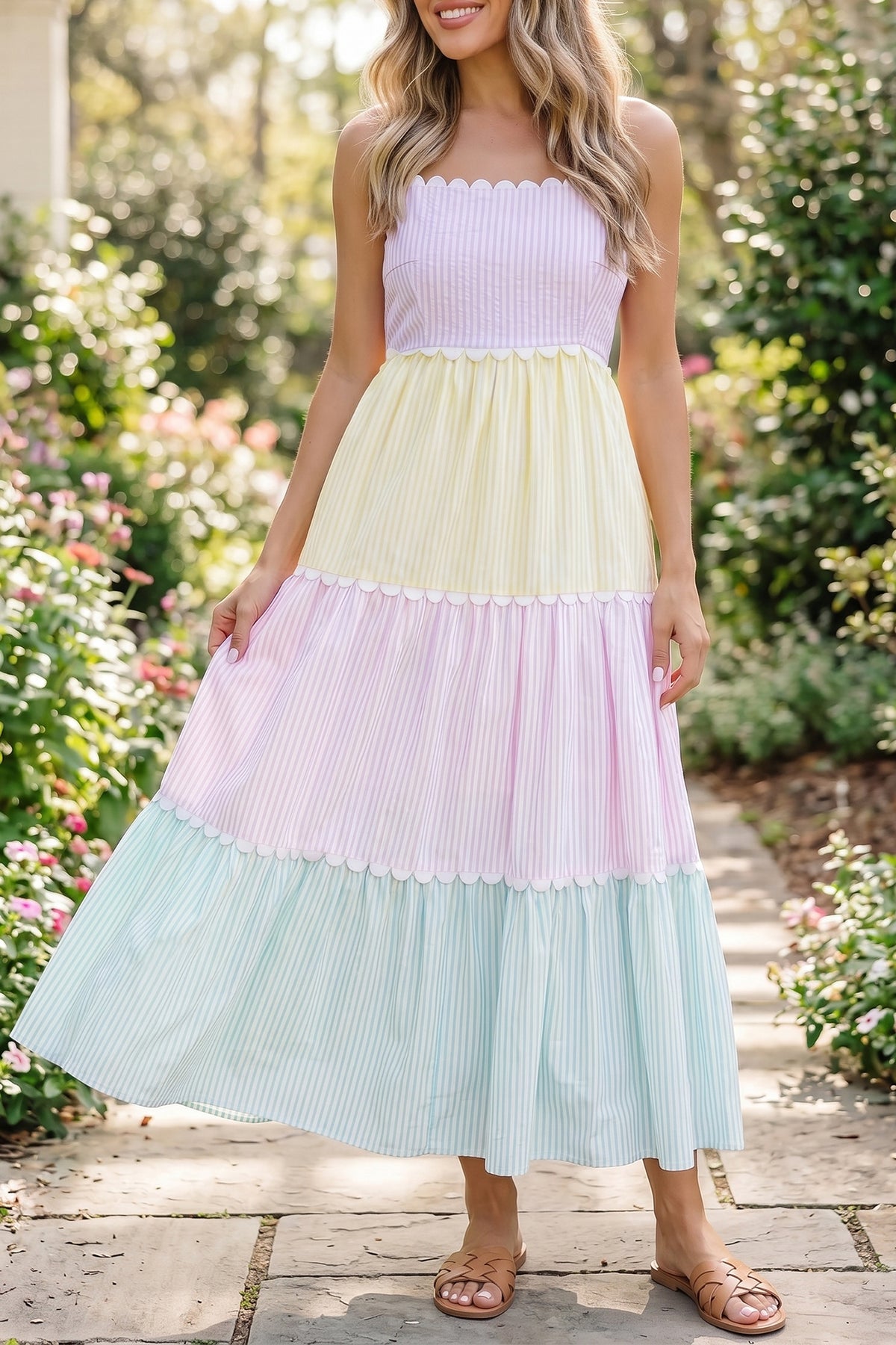 Multicolour Striped Colorblock Adjustable Strap Scalloped Long Dress