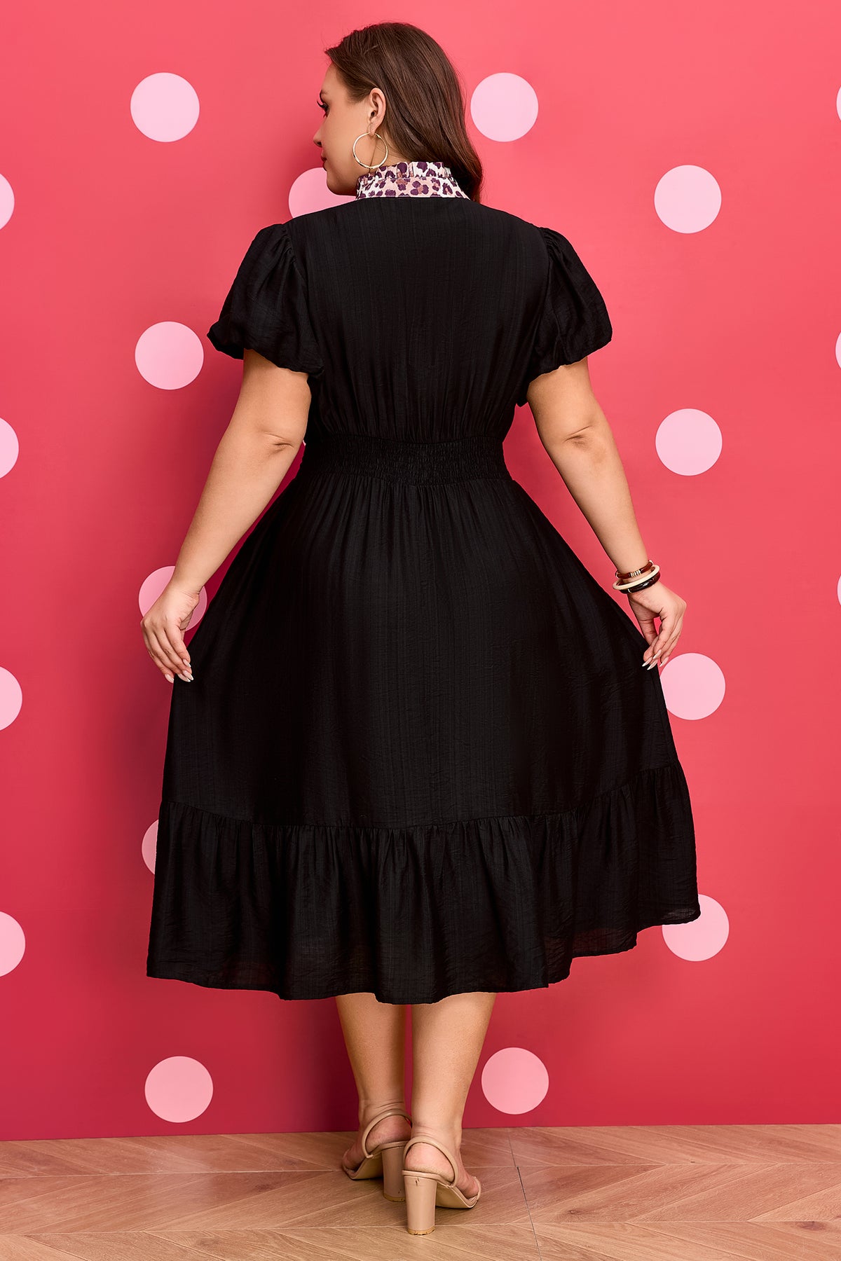 Black Leopard V-Neck Patchwork Smocked Waist Plus Size Ruffled Dress