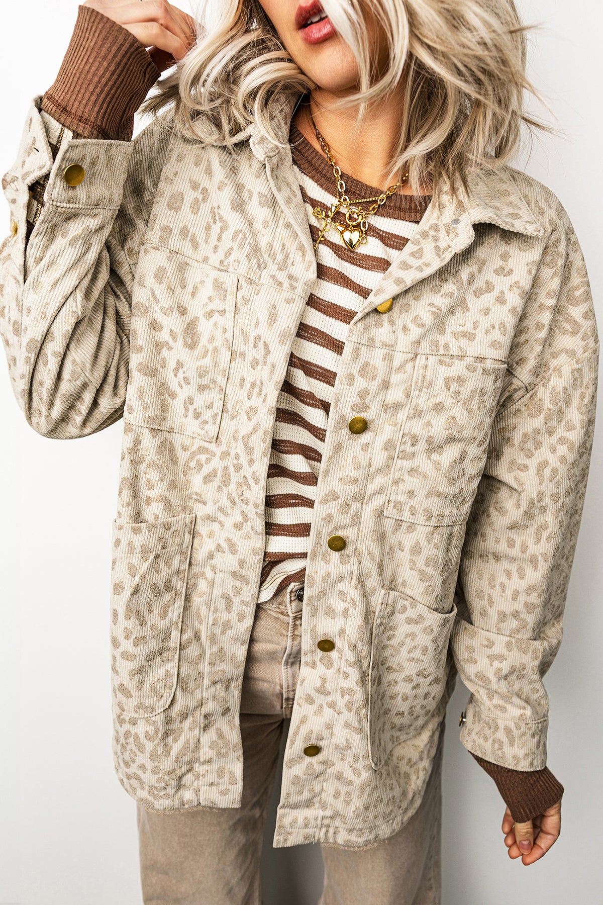 Khaki Leopard Print Corduroy Shirt Collar Long Sleeve Jacket