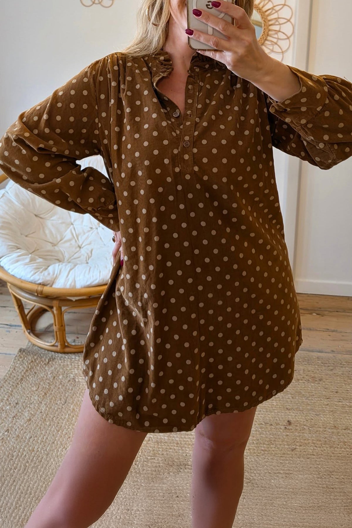 Brown Polka Dot Corduroy V-Neck Mini Dress