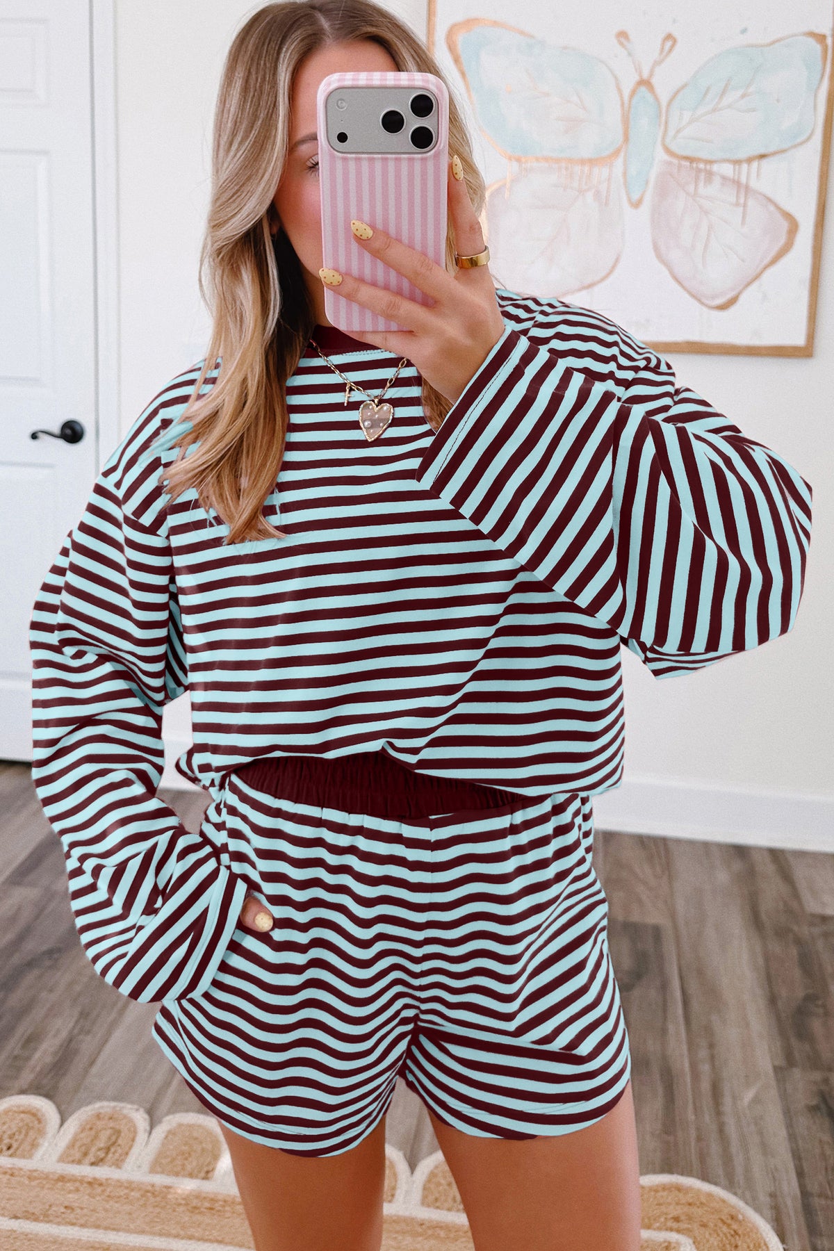 Brown Stripe Puff Sleeve Top and Elastic Waist Shorts Set
