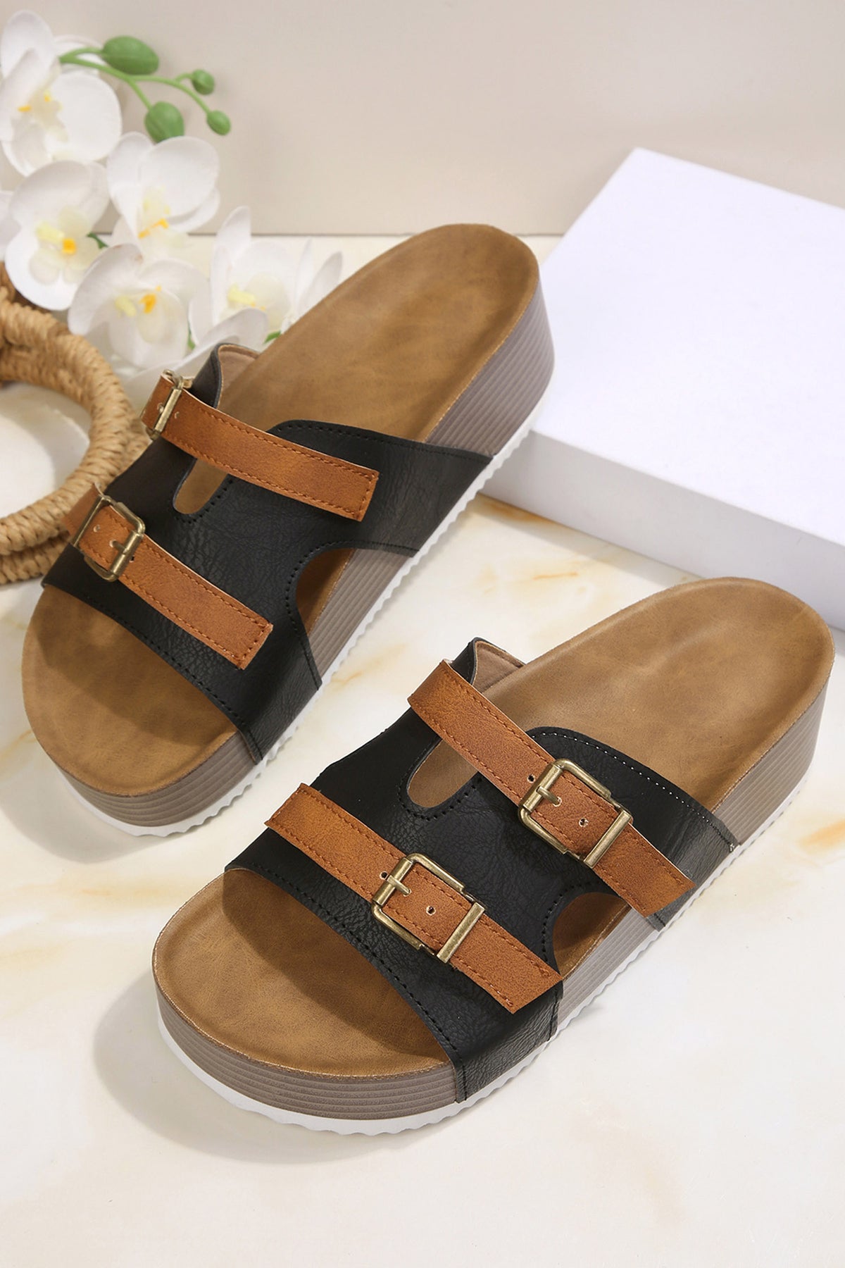 black Faux Suede Contrast Buckle Strap Retro Platform Sandals