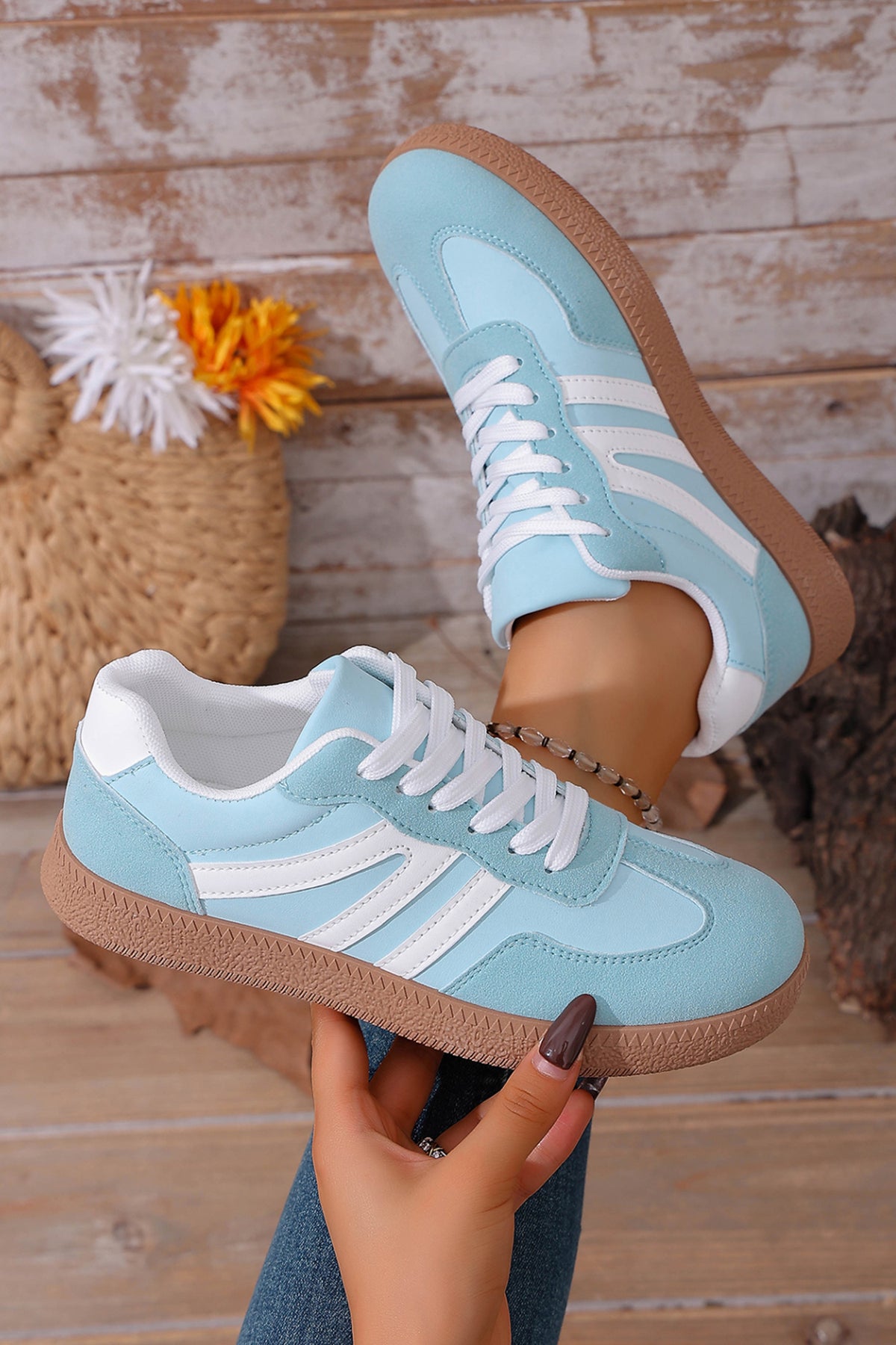 Dusk Blue Faux Suede PU Leather Color Block Patchwork Lace-up Sneakers