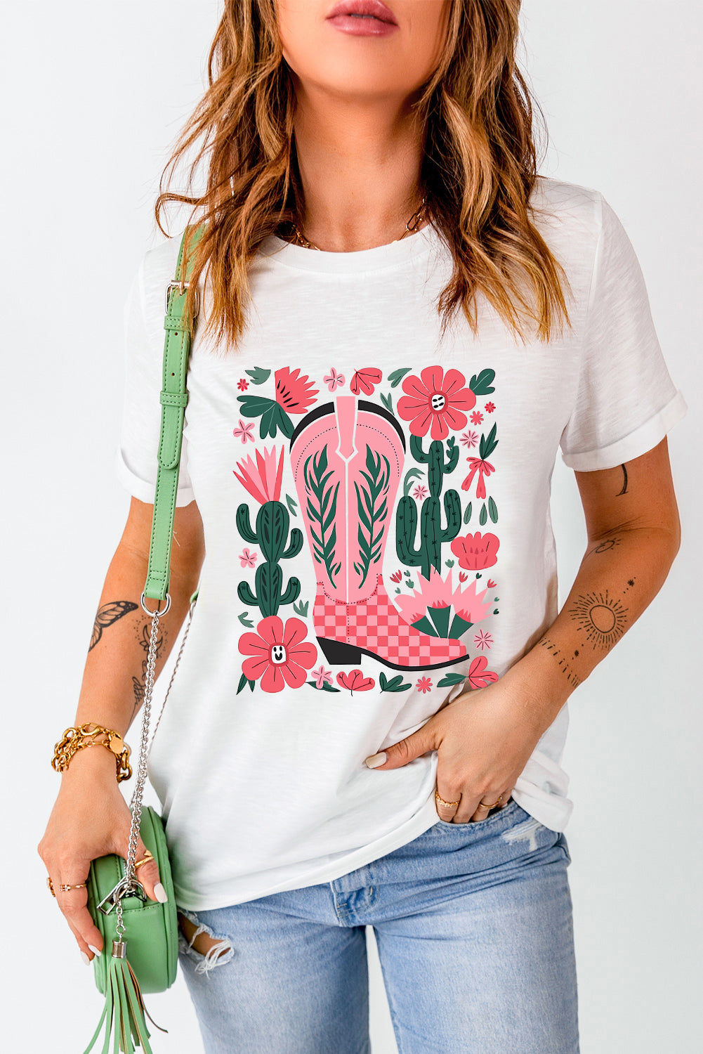 White Western Boots Flower Print Round Neck T-Shirt