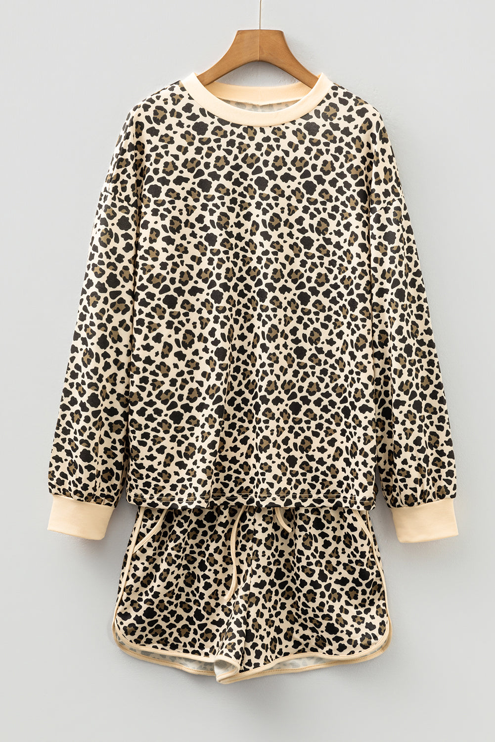 Women's Brown Leopard Print Contrast Trim Pullover Shorts Two-Piece Outfit Set