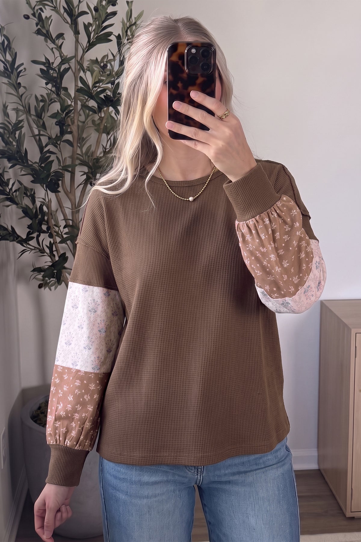 Coffee Floral Print Colorblock Textured Tunic Top