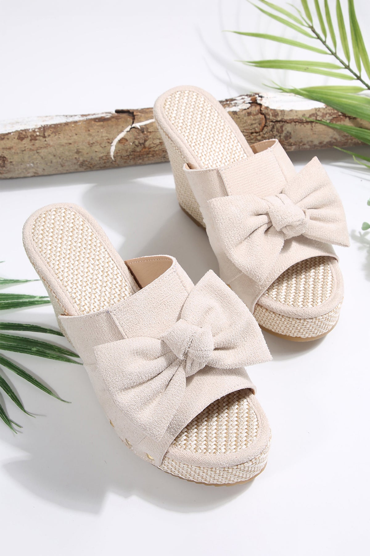 Oatmeal Bow-Knot Studded Wedge Sandals