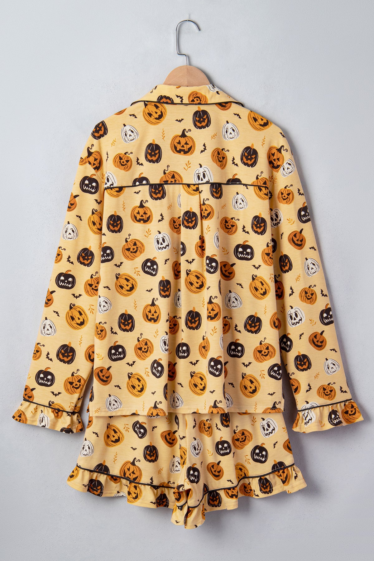 Orange Long Sleeve Ruffle Pumpkin Face Print Lounge Set