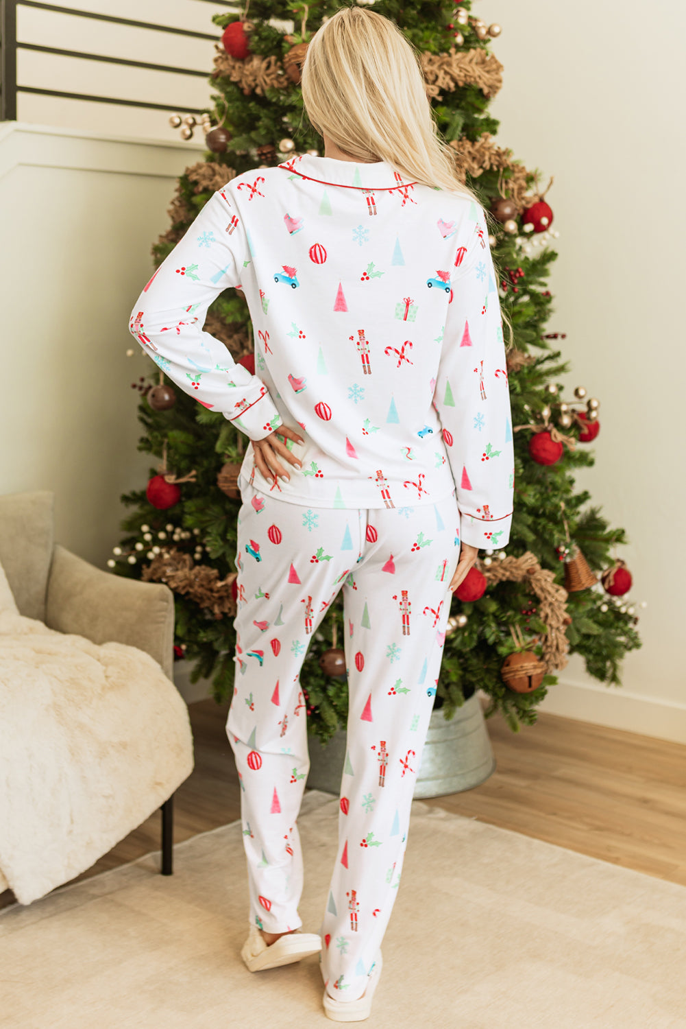 White Christmas Print Lapel Shirt and Pants Pajama Set
