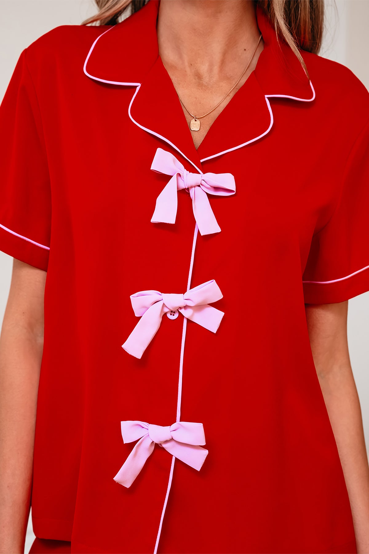 Fiery Red Contrast Trim Ribbon Bow Short Silky Pajama Set
