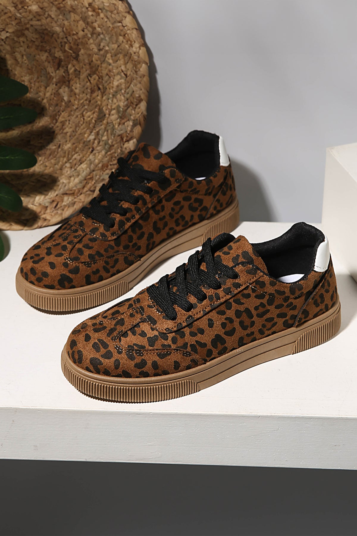 Coffee Leopard Patchwork Lace-Up Sneakers