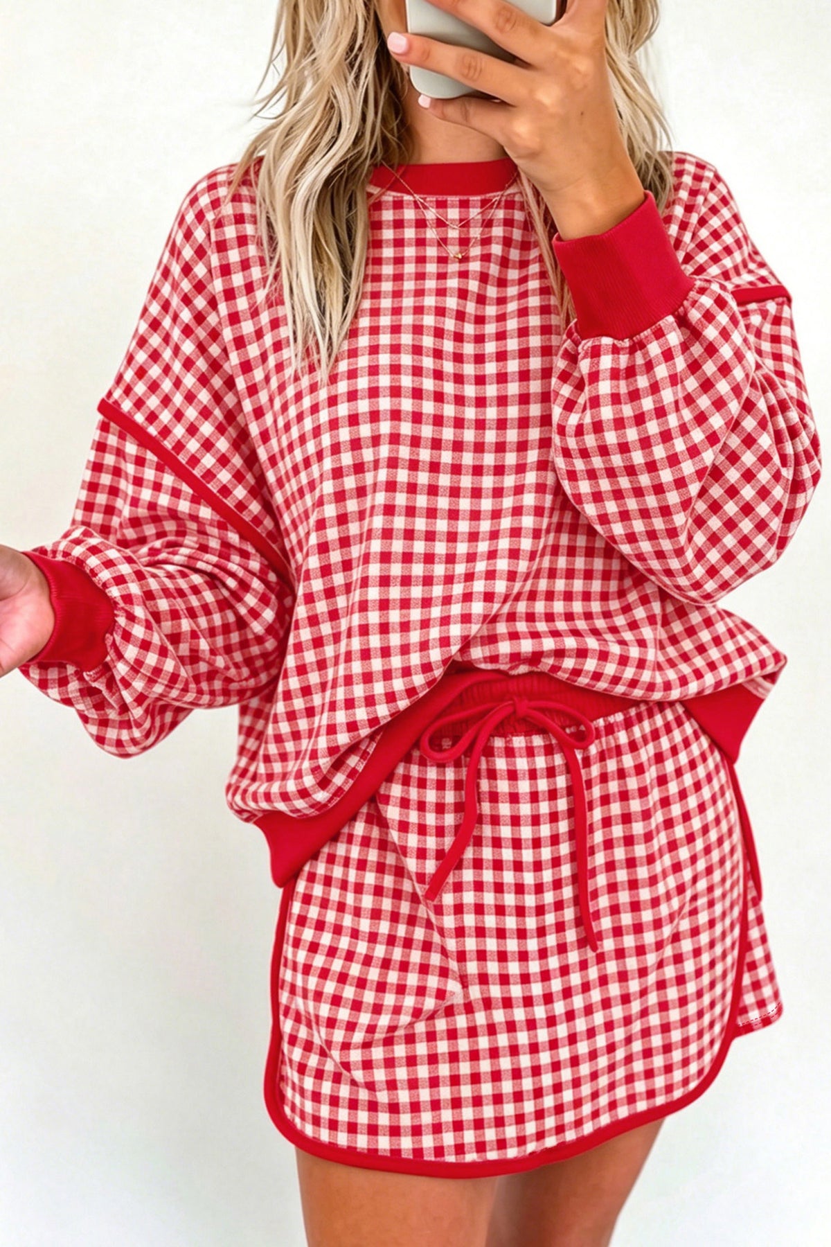 Brown Gingham Oversized Ribbed Crew Neck Long Sleeve Top and Skort Set