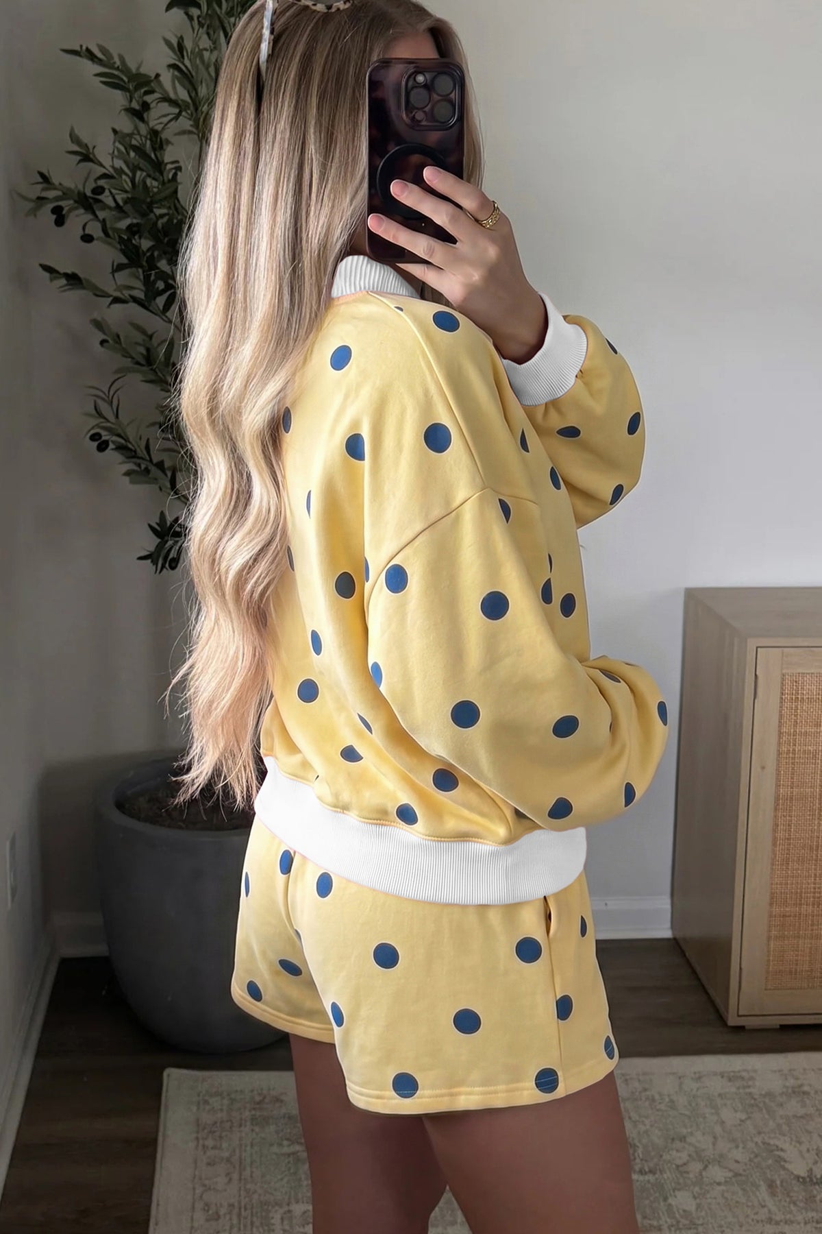 Women's Pink Polka Dot Ribbed Trim Long-Sleeve Top Casual Shorts Set