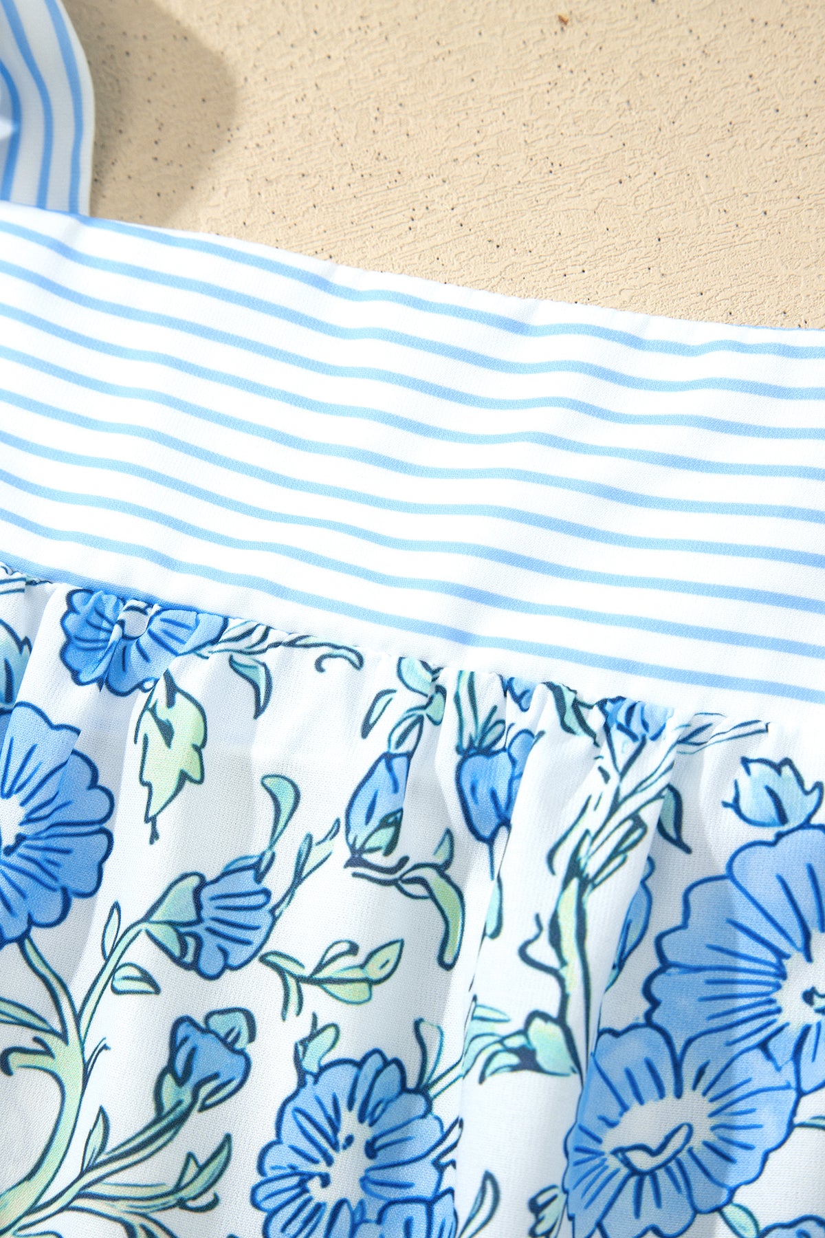 Women's Sky Blue Floral Striped Patchwork Knot Straps Two-Piece Shorts Two-Piece Set