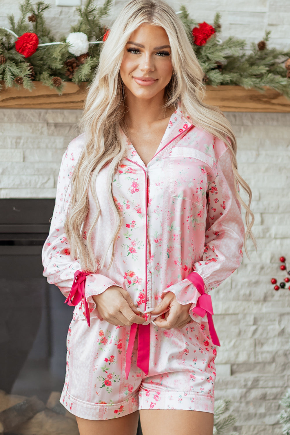 Pink Mixed Floral Print Contrast Piping Trim Satin Tie Pajama Set
