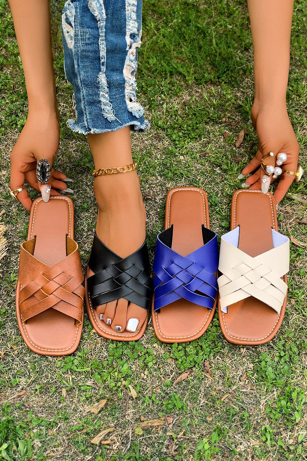 Coffee Crossed Woven Faux Leather Flat Fashion Sandals