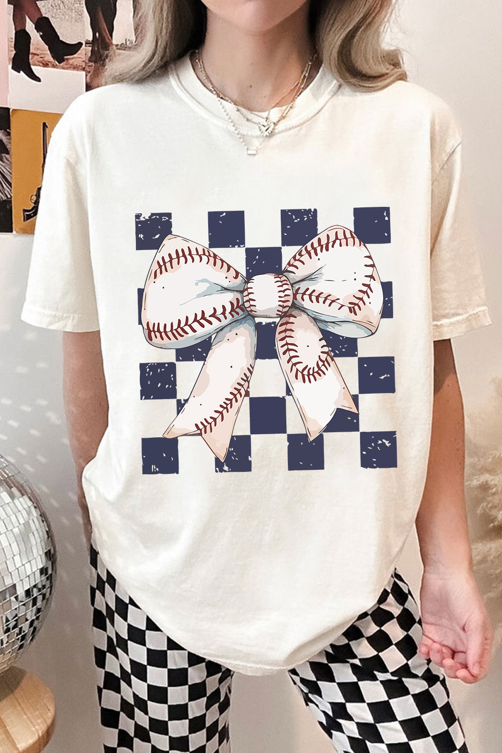 White Checkered Rugby Bowknot Graphic Crew T-Shirt