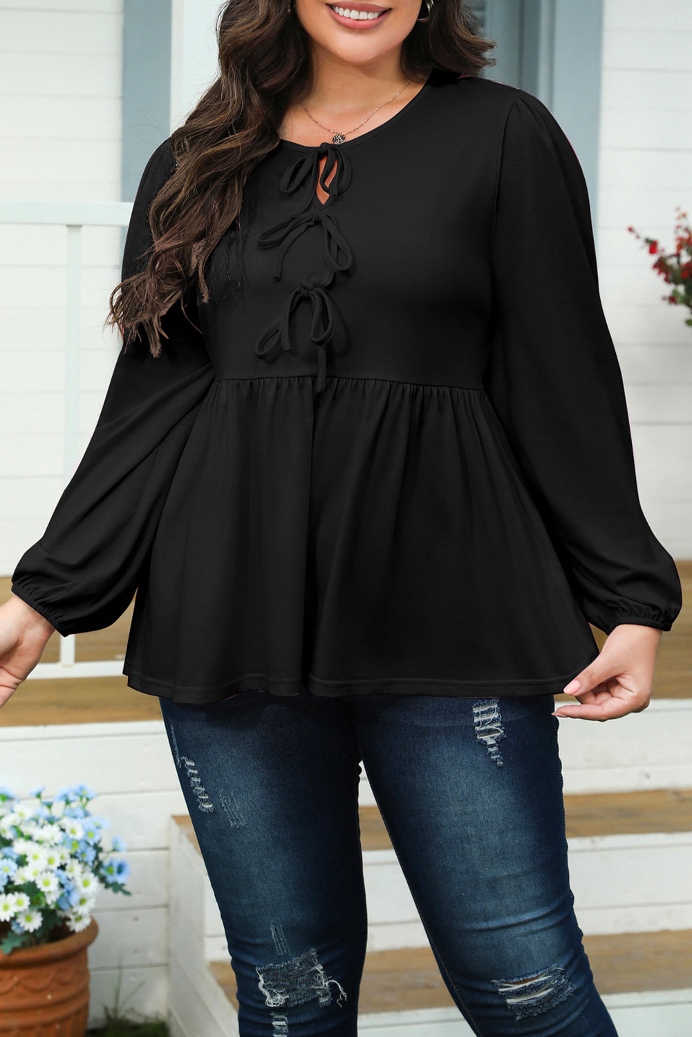 Black Solid Color Bow Tie Front Long-Sleeve Plus Size Peplum Blouse