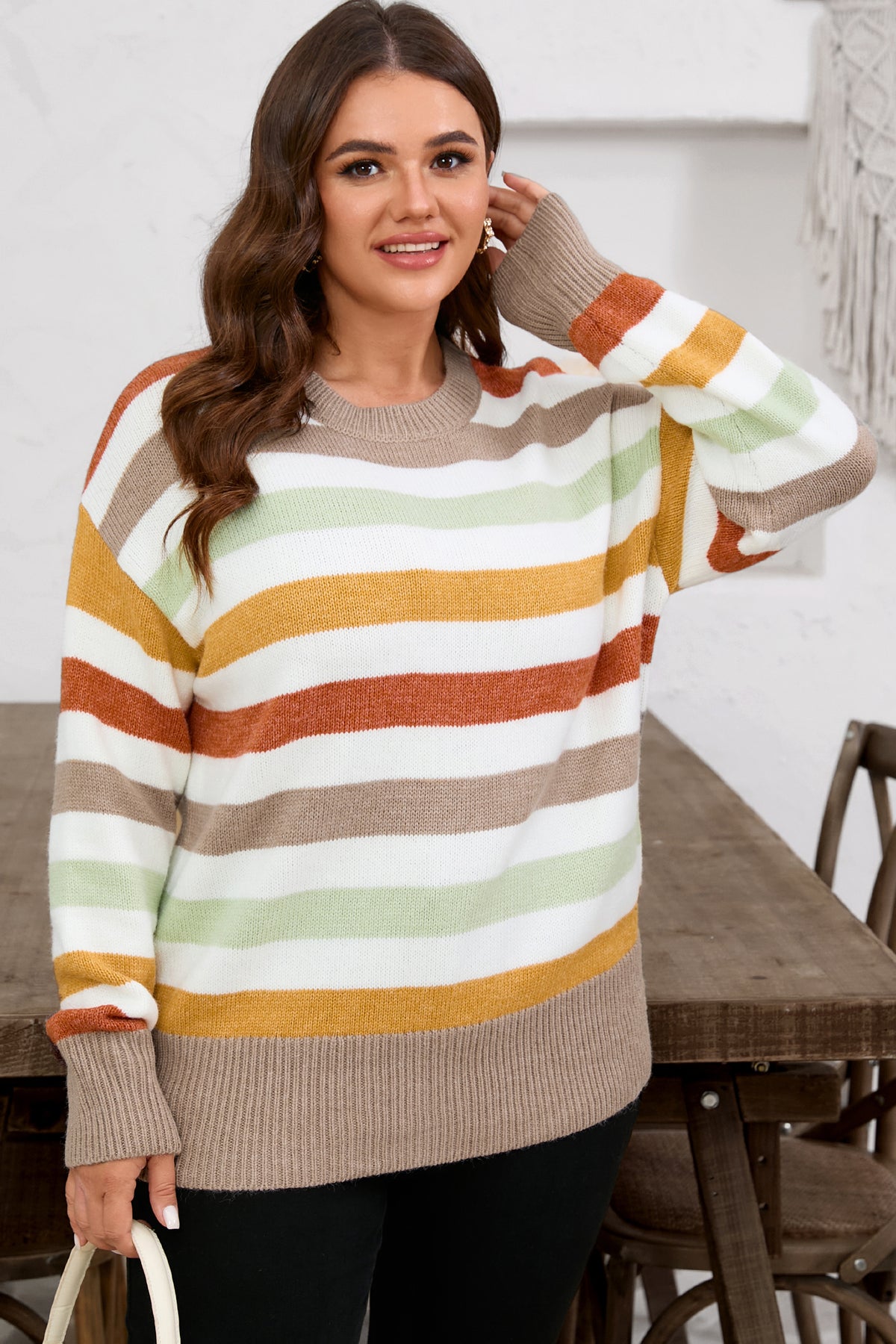 Multicolour Striped Color-Block Drop-Shoulder Plus Size Sweater