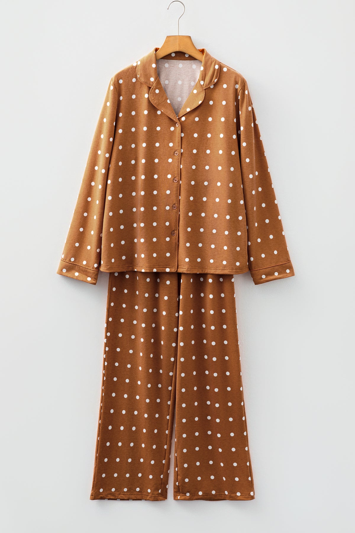 Brown Polka Dot Print Long Sleeve Shirt Pant Pajama Set