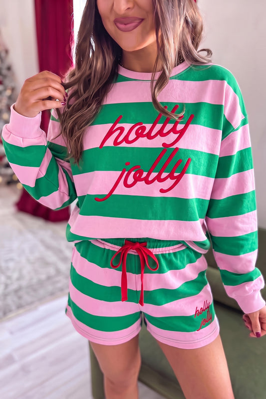 Pink Stripe Holly Jolly Embroidery Long Sleeve Shorts Two Piece Set