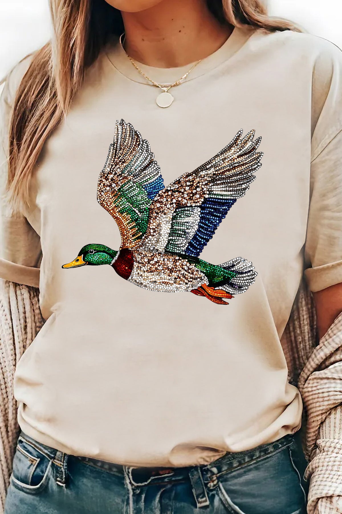 White Flying Mallard Print Crew Neck T-Shirt