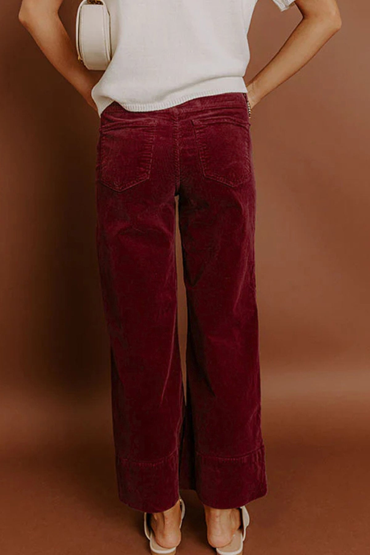 Burgundy Corduroy Solid High Waist Wide Leg Pants