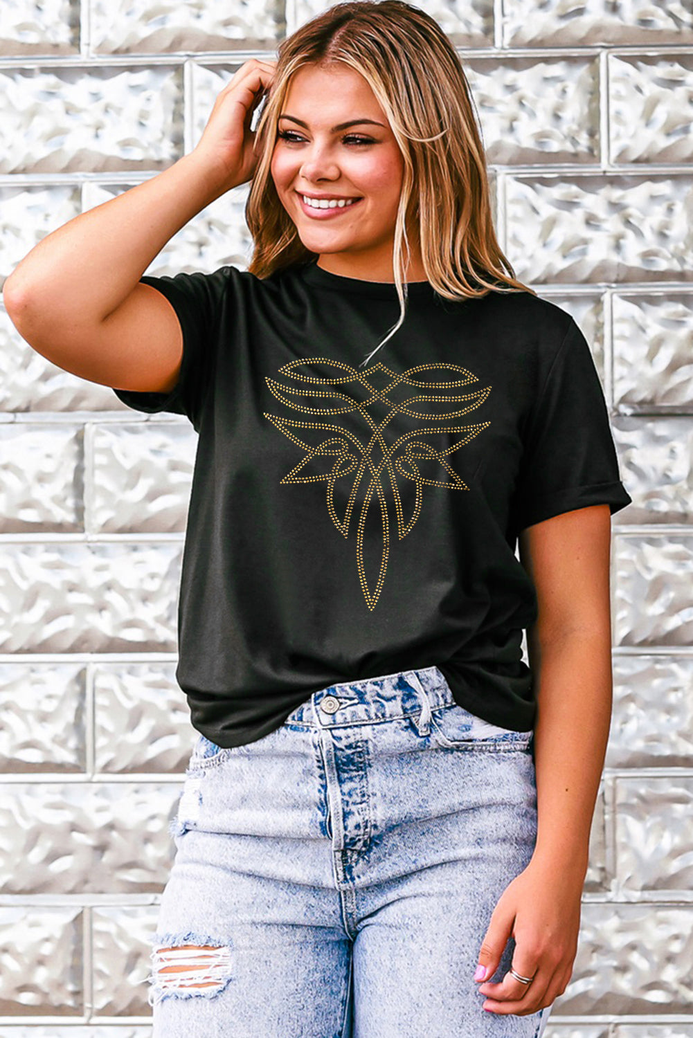 Black Rhinestone Western Pattern Cotton Blend Graphic T-Shirt