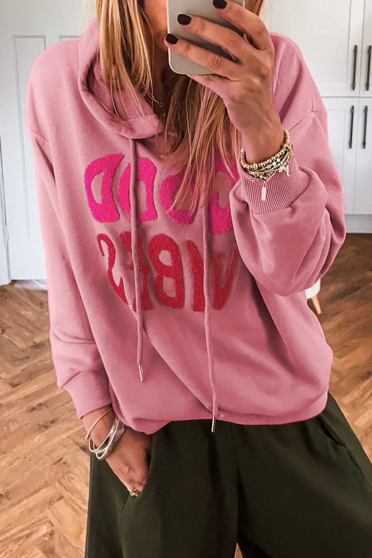 Gossamer Pink GOOD VIBES Chenille Graphic Hoodie