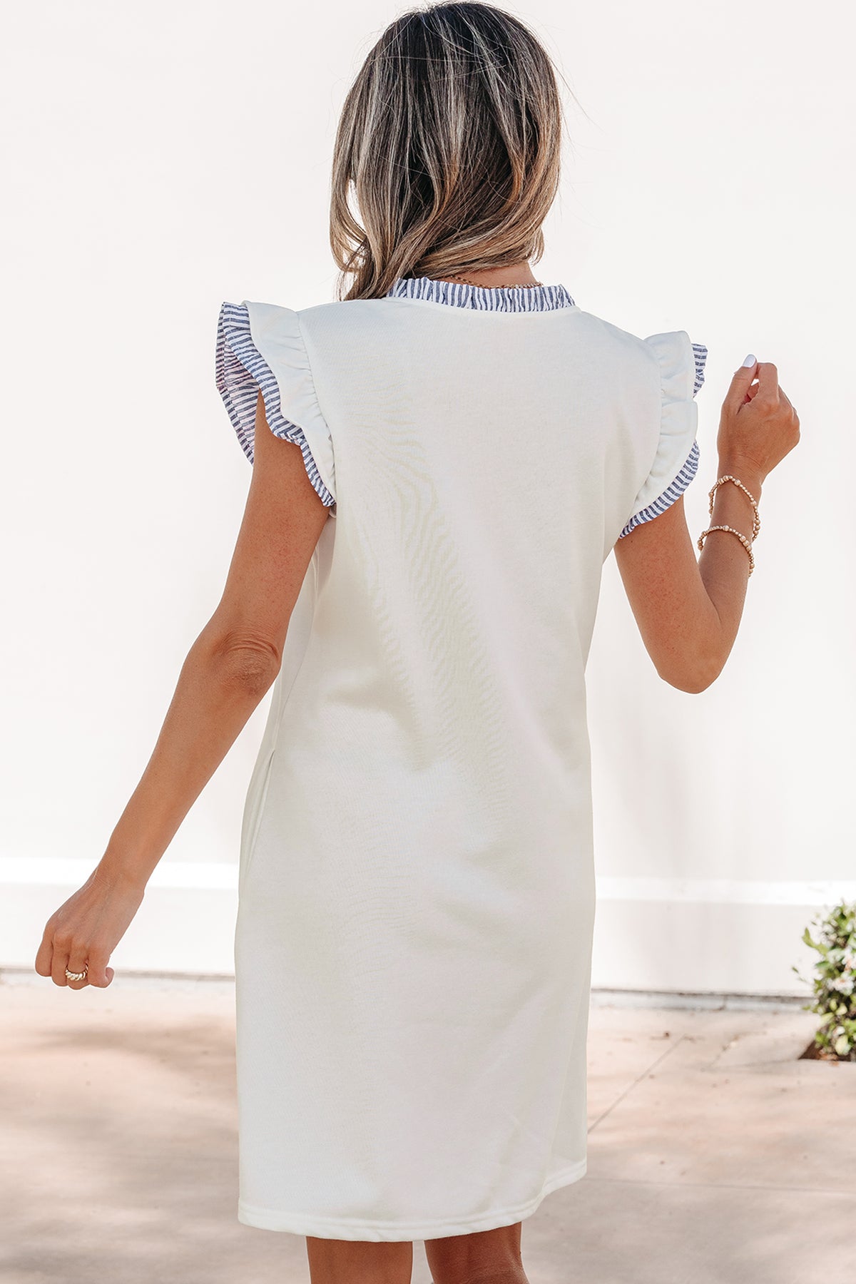 White Striped Patchwork Split Neck Ruffle Trim Sleeveless Dress