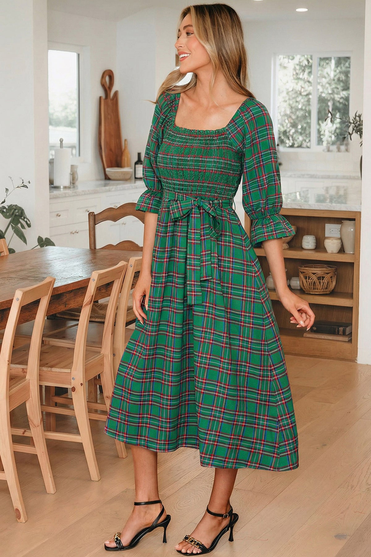Green Tartan Plaid Square Neck Puff Sleeve Waist Flared Midi Dress