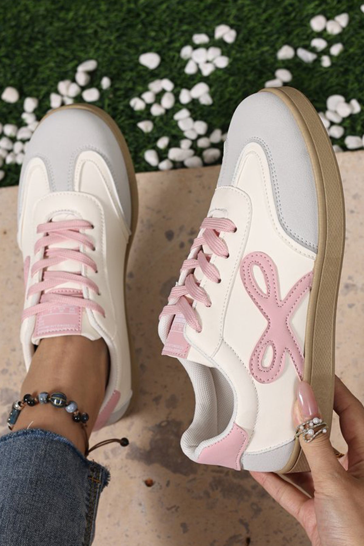 Fiery Red Bow Patch Color Block PU Leather Sneakers