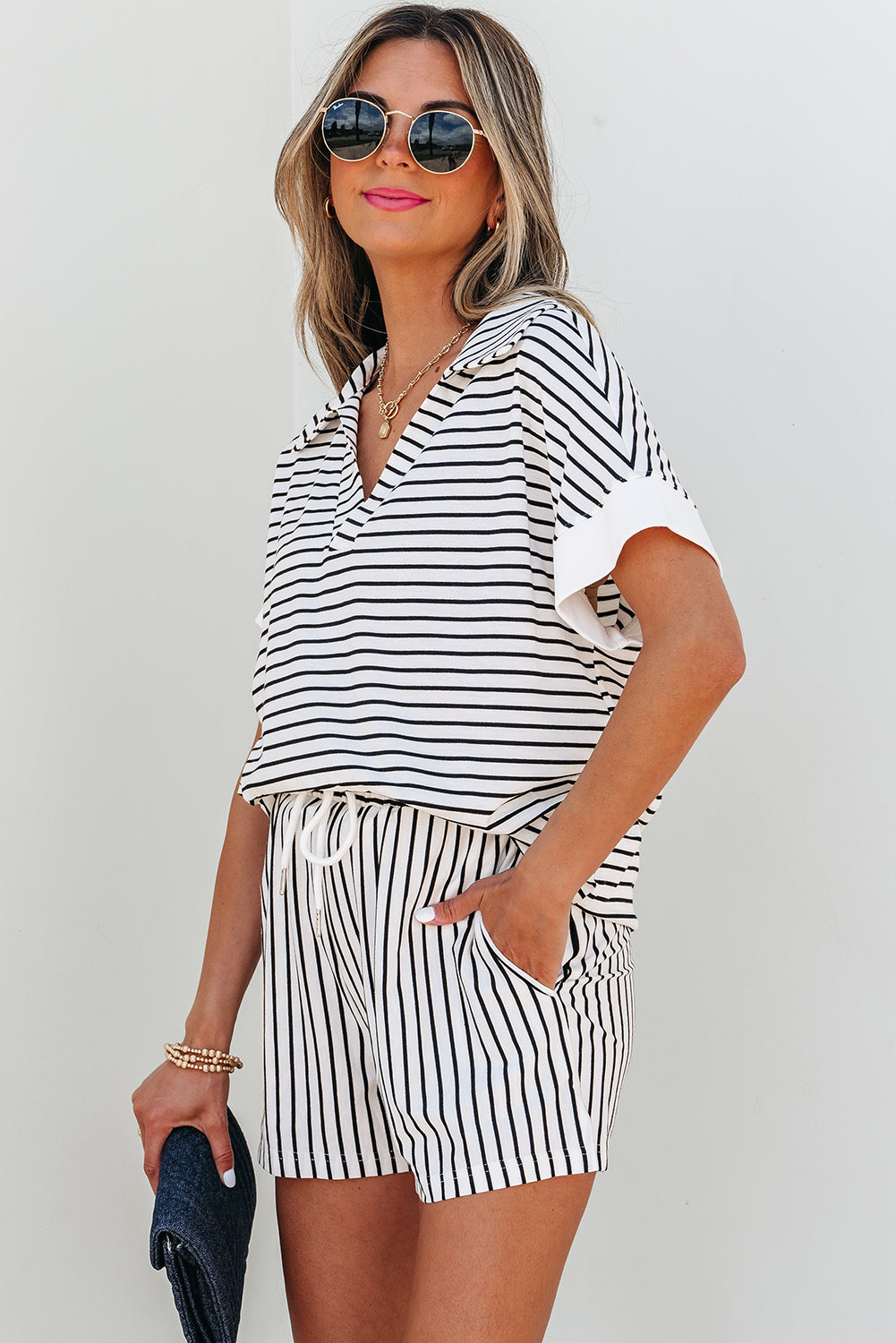 Women's Black Stripe V-Neck Tee and Casual Shorts Set