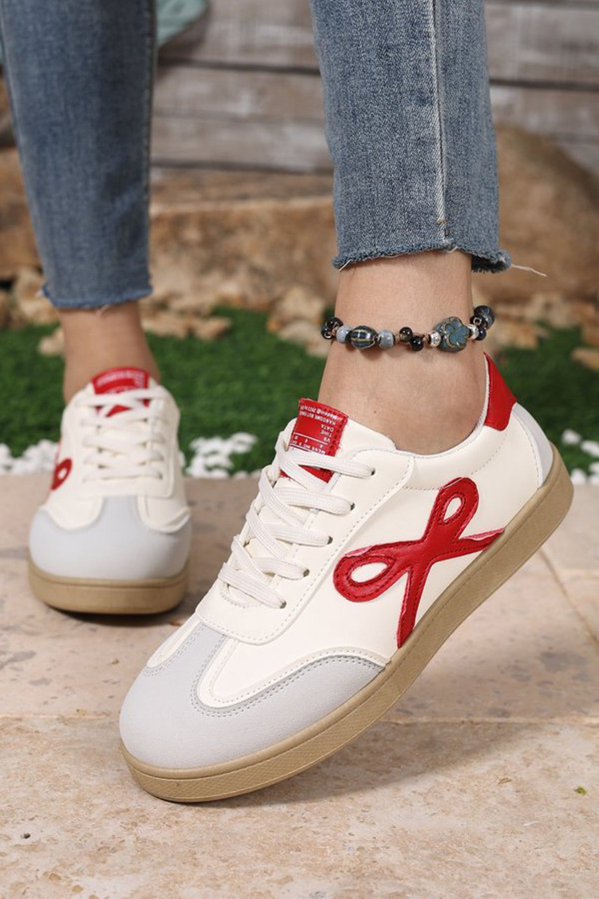 Fiery Red Bow Patch Color Block PU Leather Sneakers