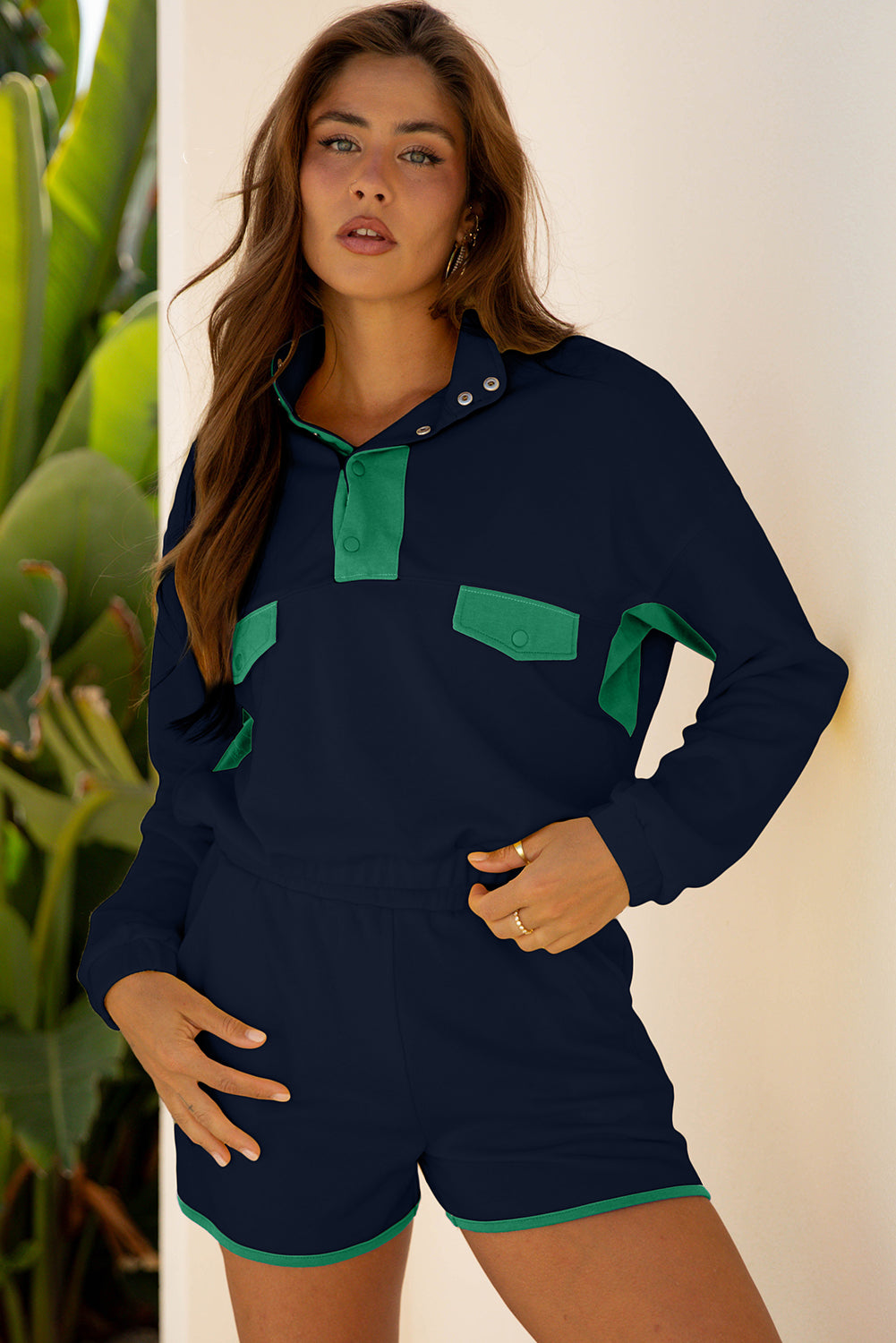Red Dahlia Color Block Patchwork Half Button Pullover and Shorts 2pcs Outfit