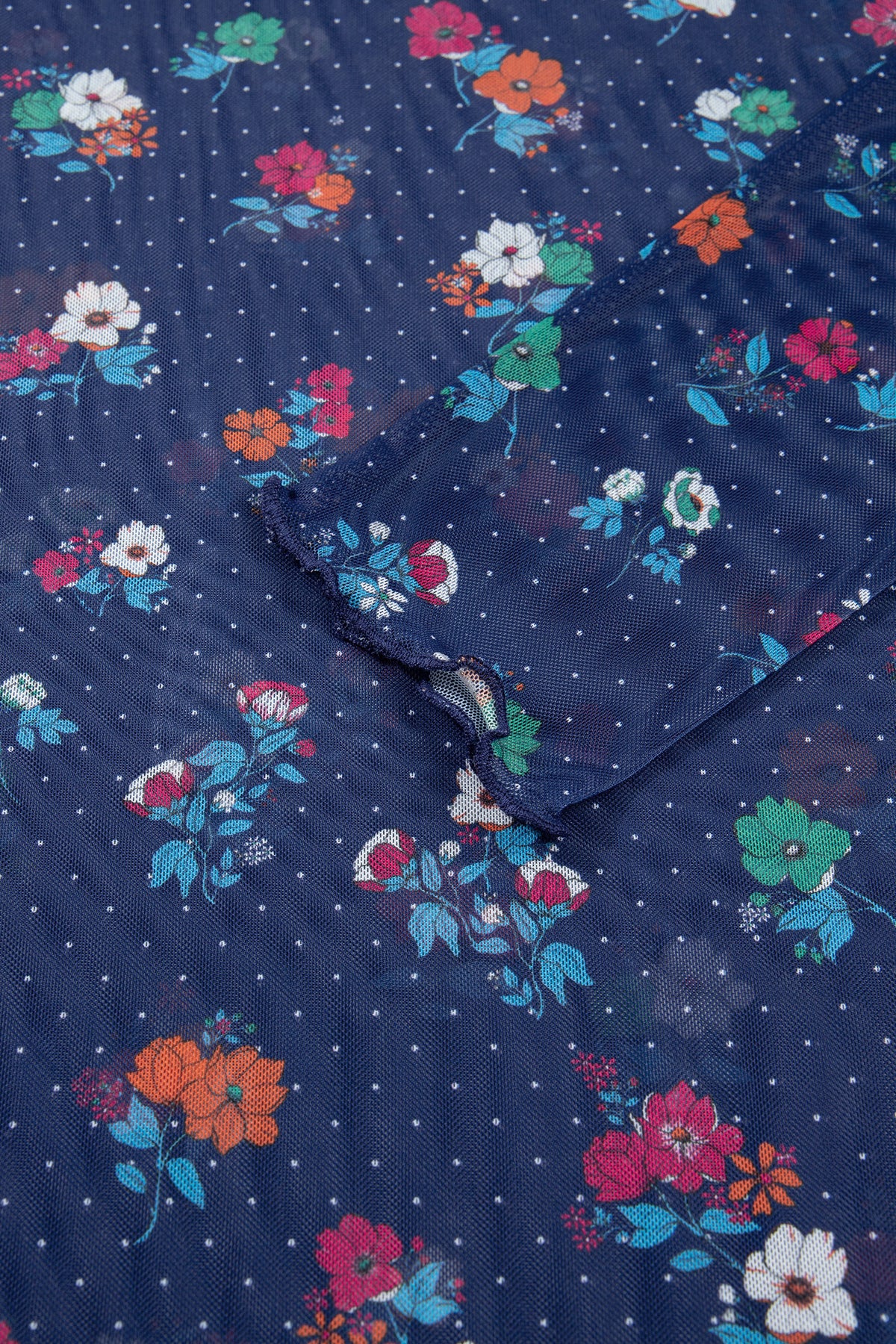 Blue Polka Dot Floral Mesh High Neck Sheath Top
