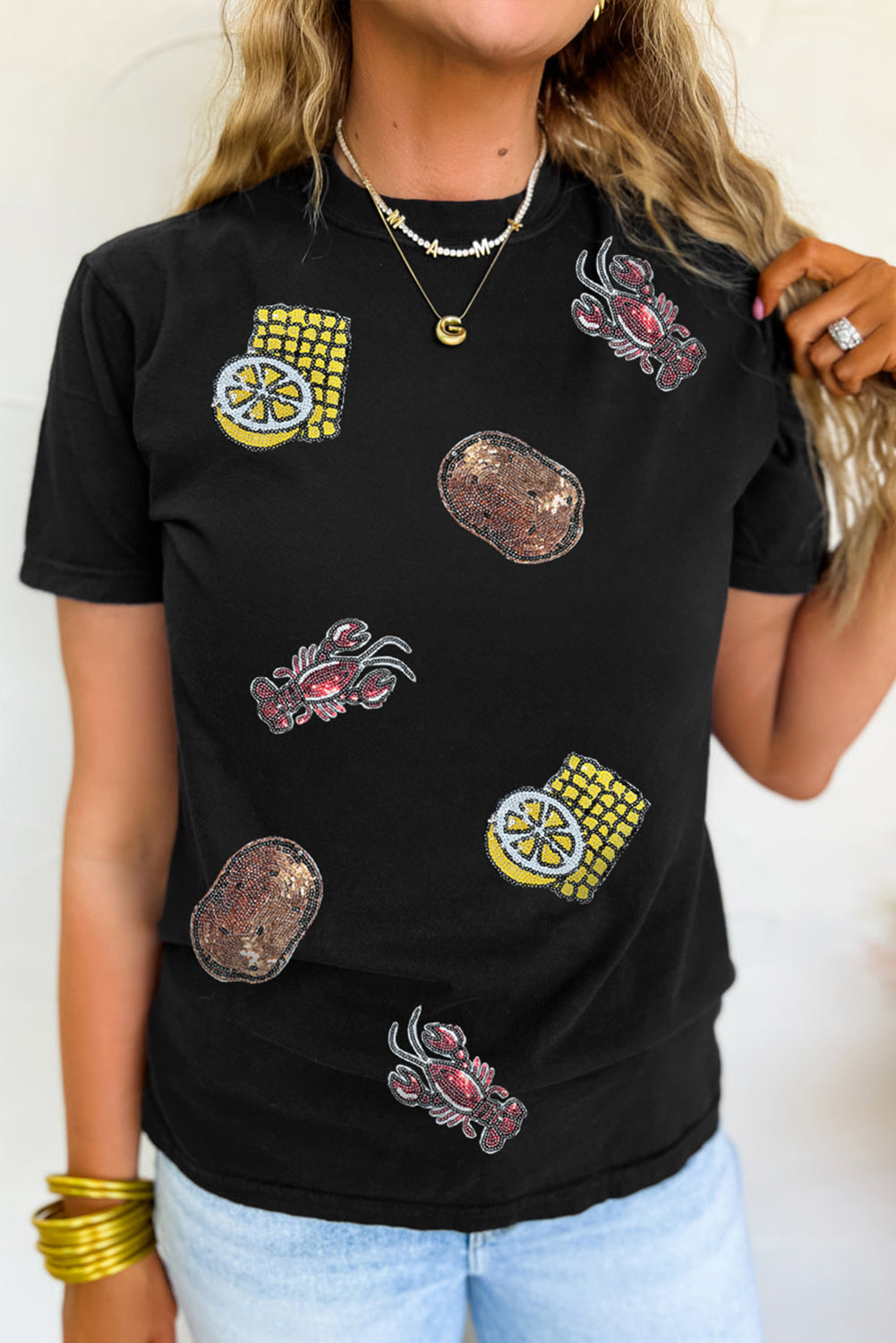 White Sequin Crawfish Potato Lemon Corn Graphic Crewneck T-Shirt