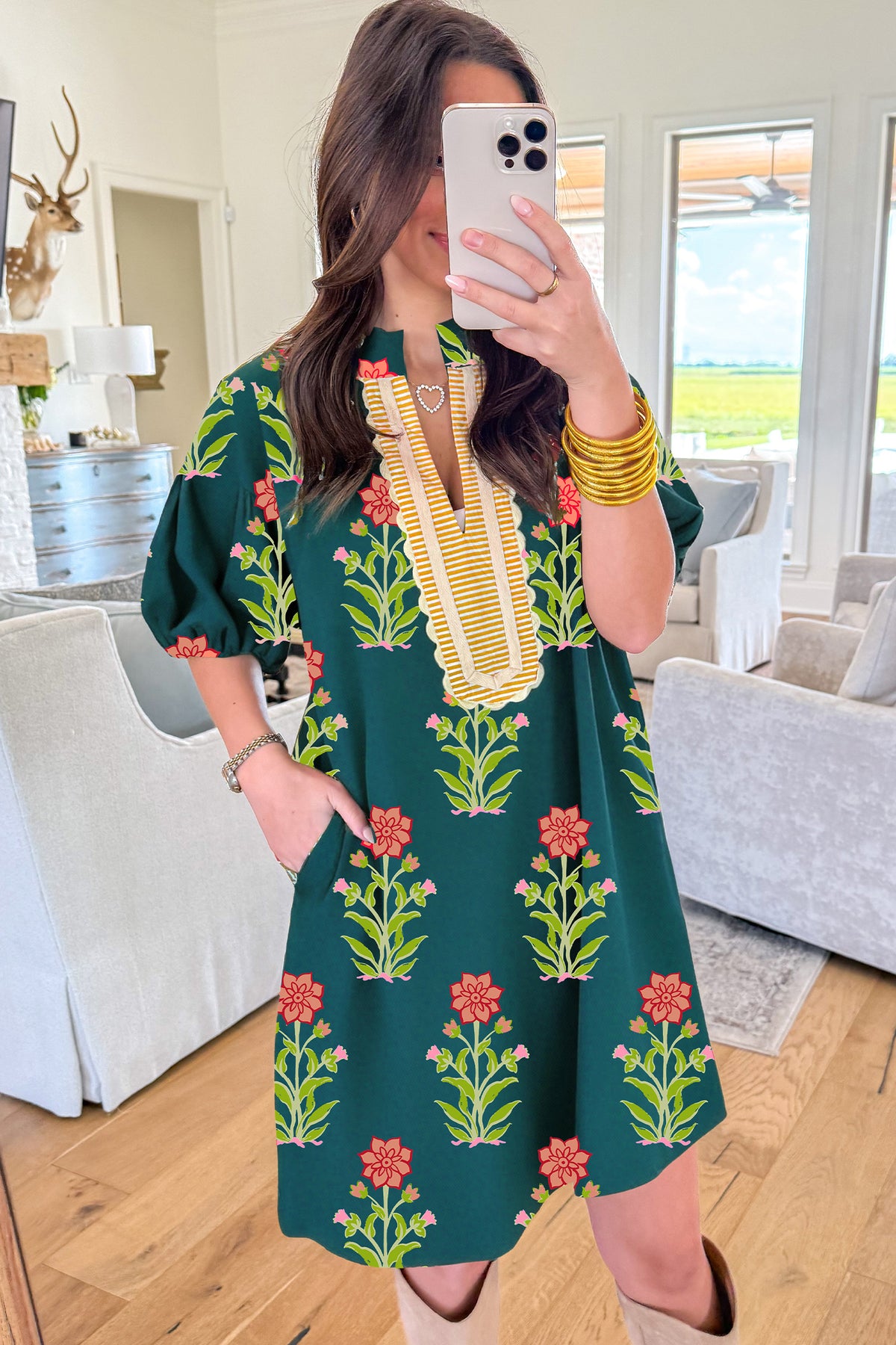 Green Floral Print Striped Patchwork Short Sleeve Dress