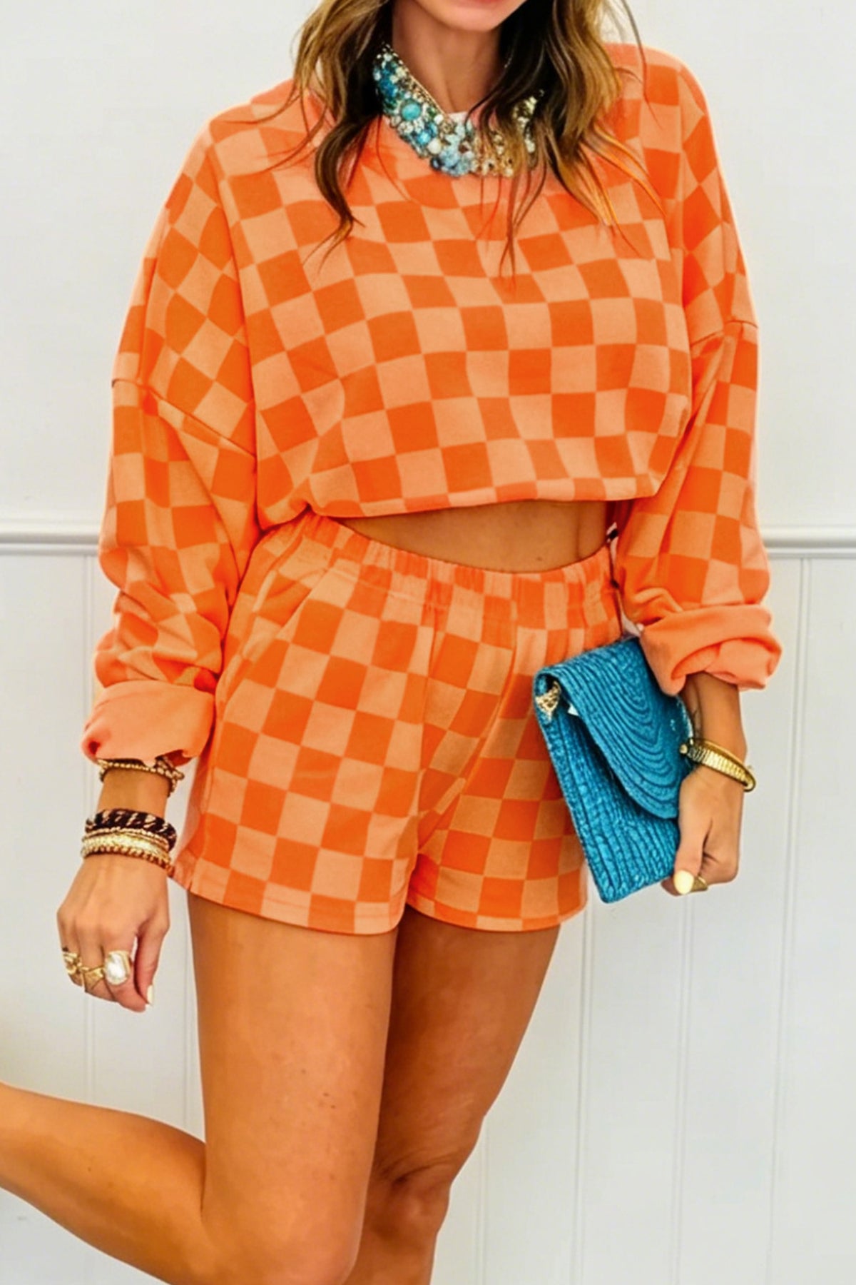 Women's Pink Plaid Checkered Long-Sleeve Crop Top Elastic Waist Shorts Two-Piece Set