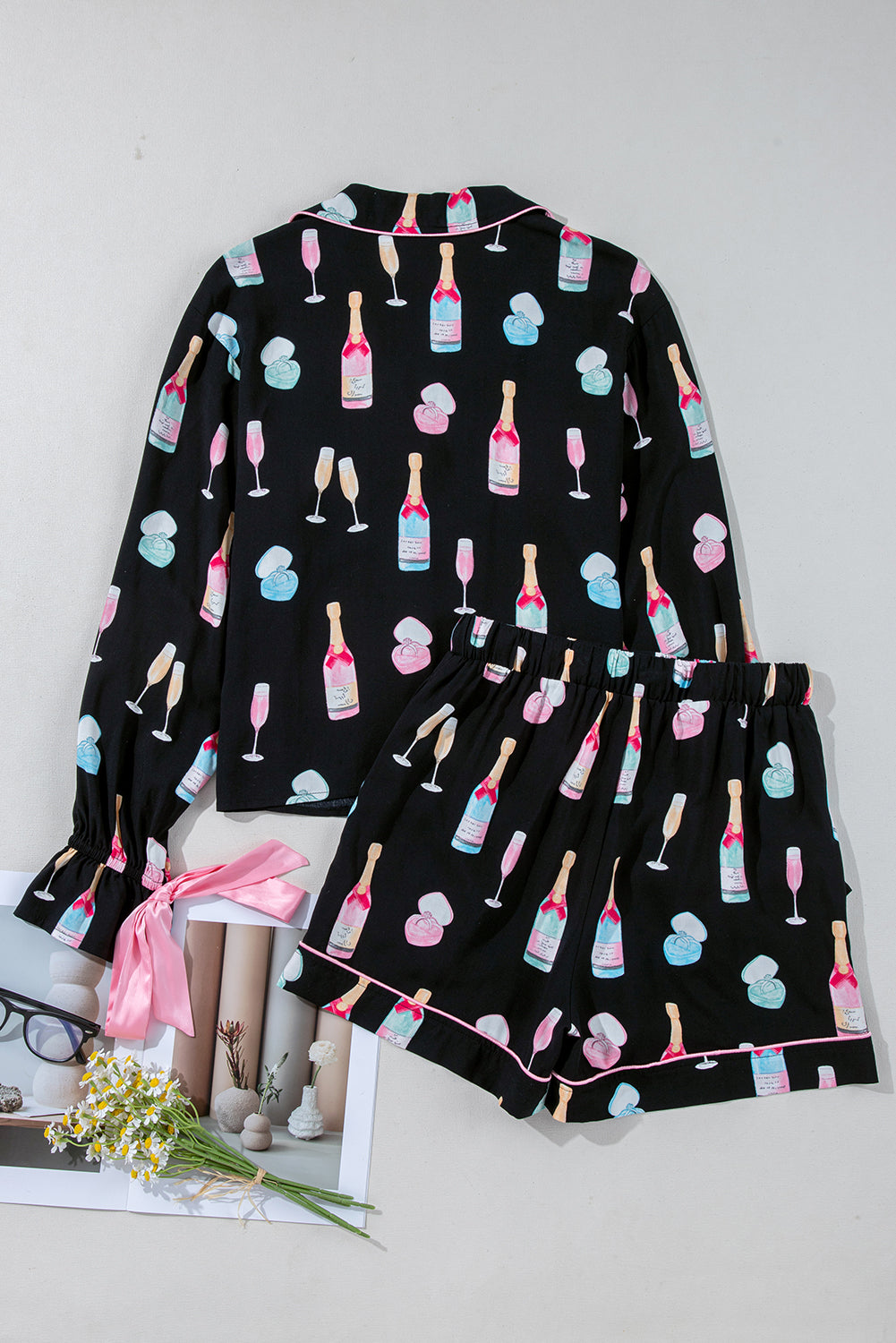 Black Christmas Wine Glass Print Bow Knot Pajama Set