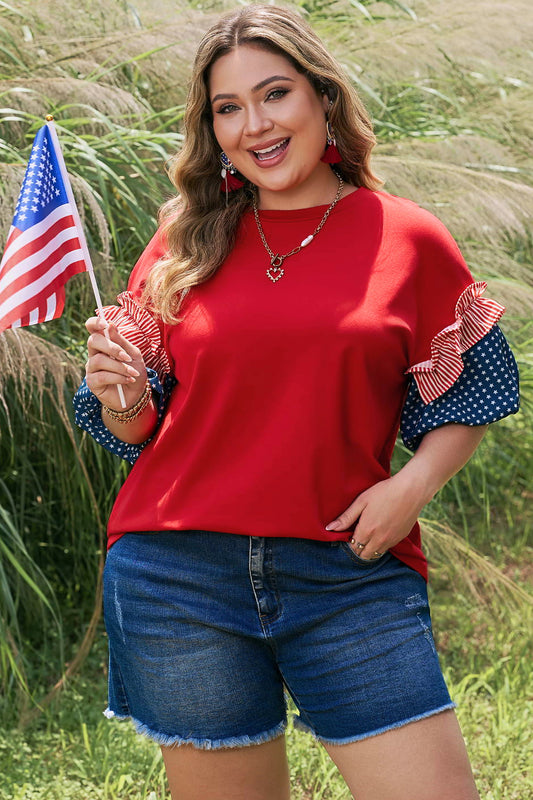 Fiery Red Plus Size Striped Ruffles Star Short Bubble Top