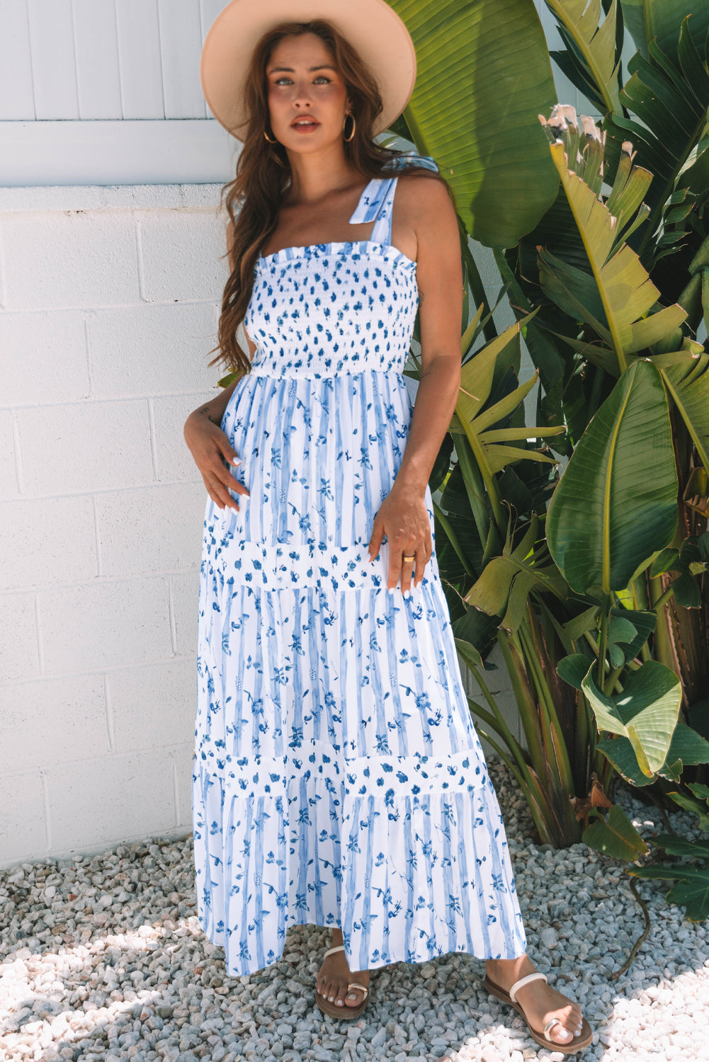 Sky Blue Floral Smocked Tied Straps a Lined Tiered Maxi Dress