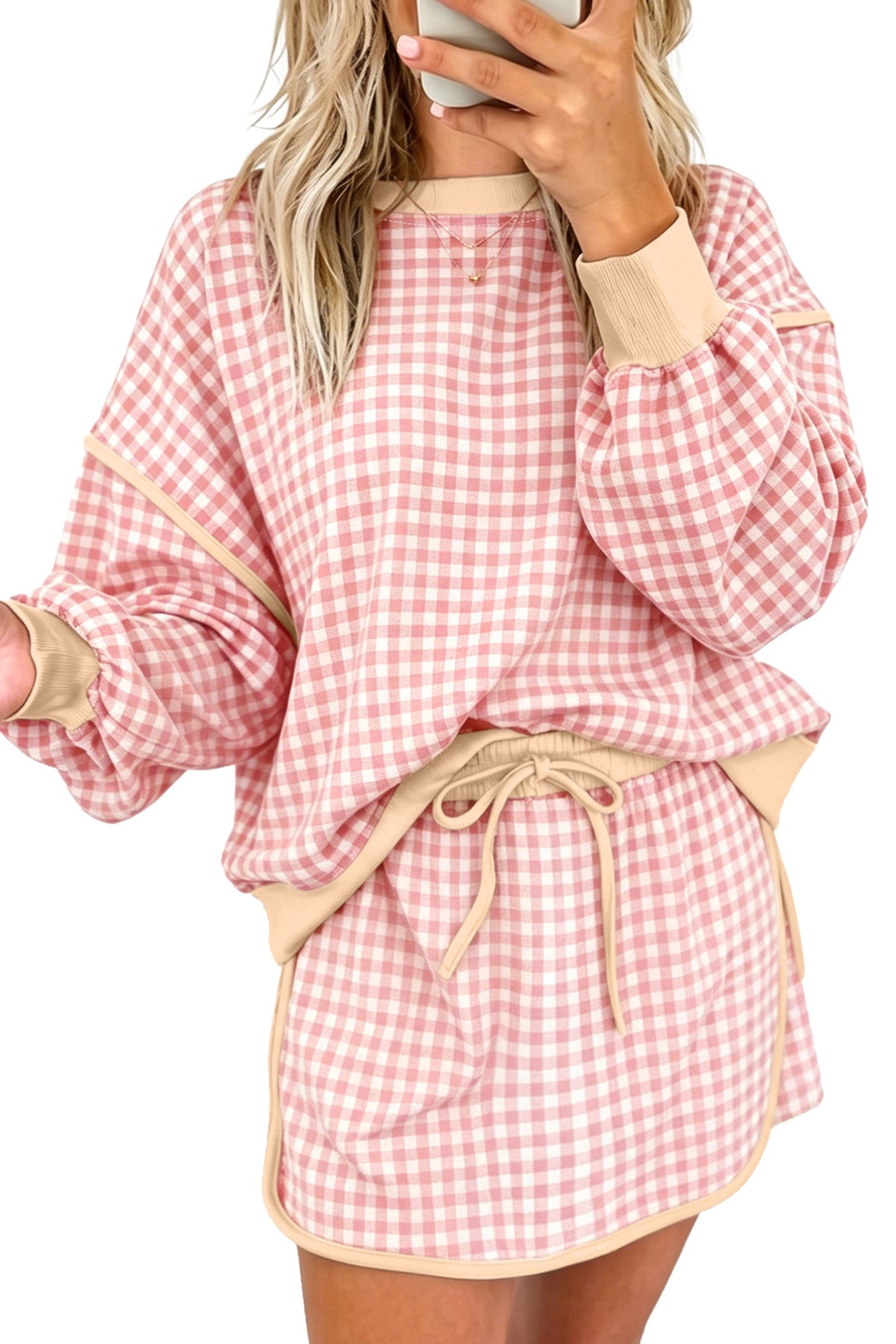 Brown Gingham Oversized Ribbed Crew Neck Long Sleeve Top and Skort Set