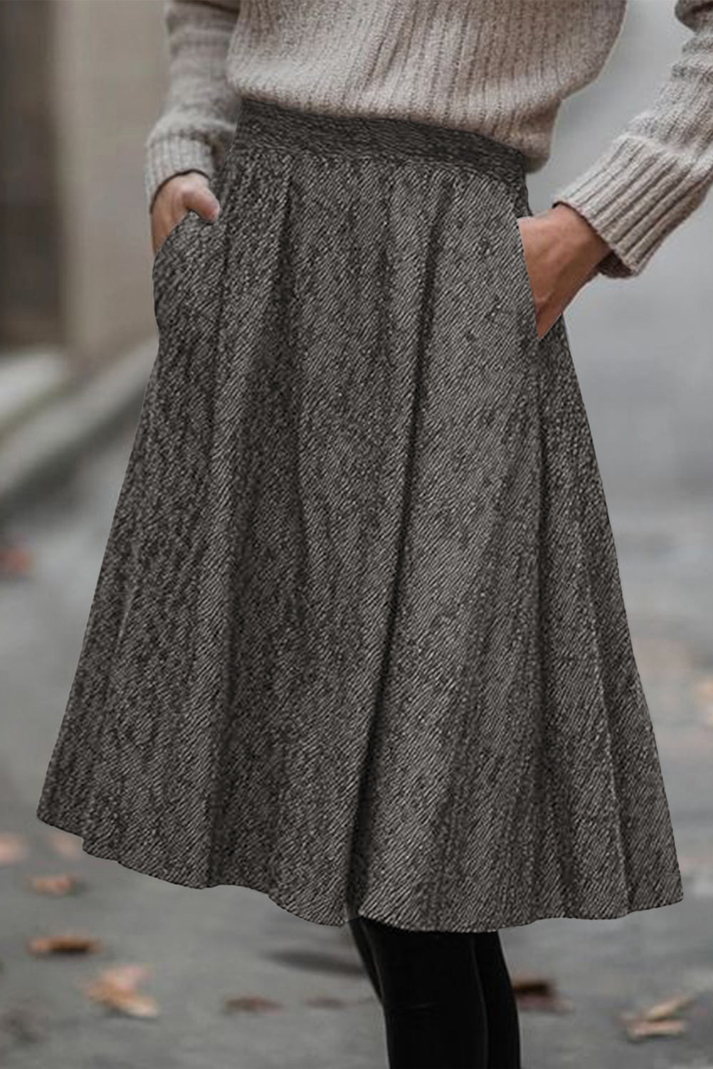 Brown Solid Textured Pleated Midi Skirt