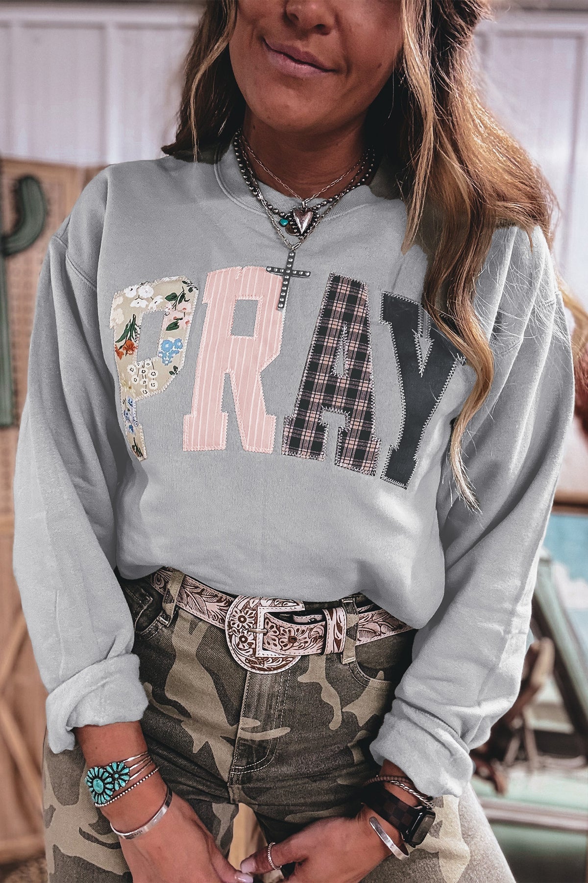 Parchment Floral Buffalo Plaid Striped Sweatshirt